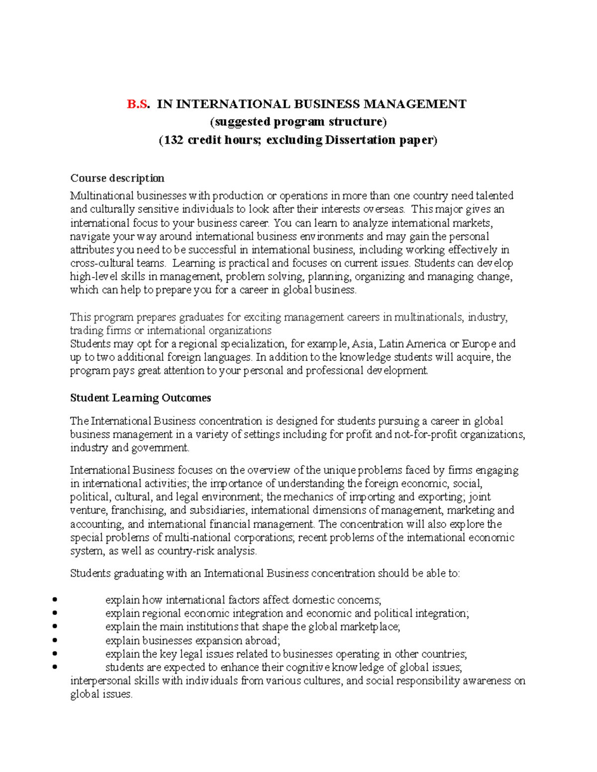 B.S. In International Business Management ( Suggested Program) - B. IN ...