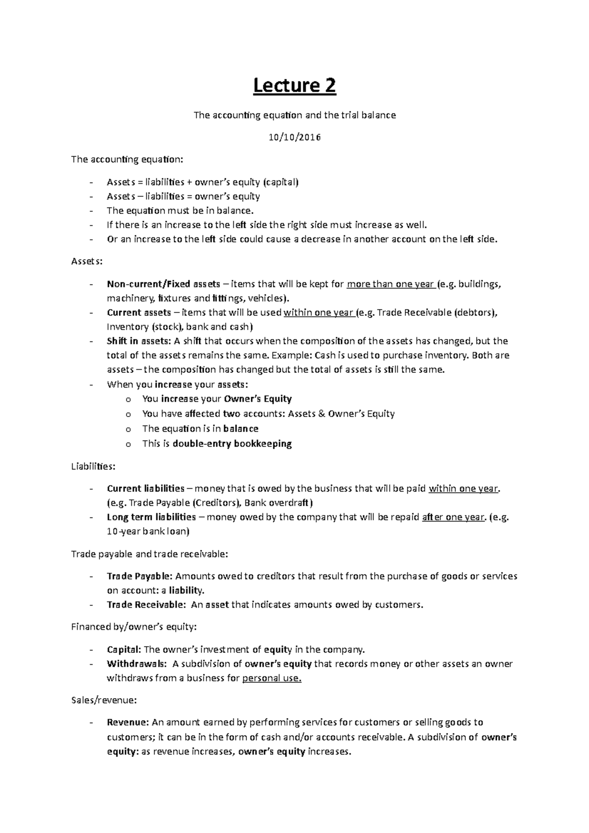 Accounting Equation and Trial Balance - Lecture 2 The accounting ...
