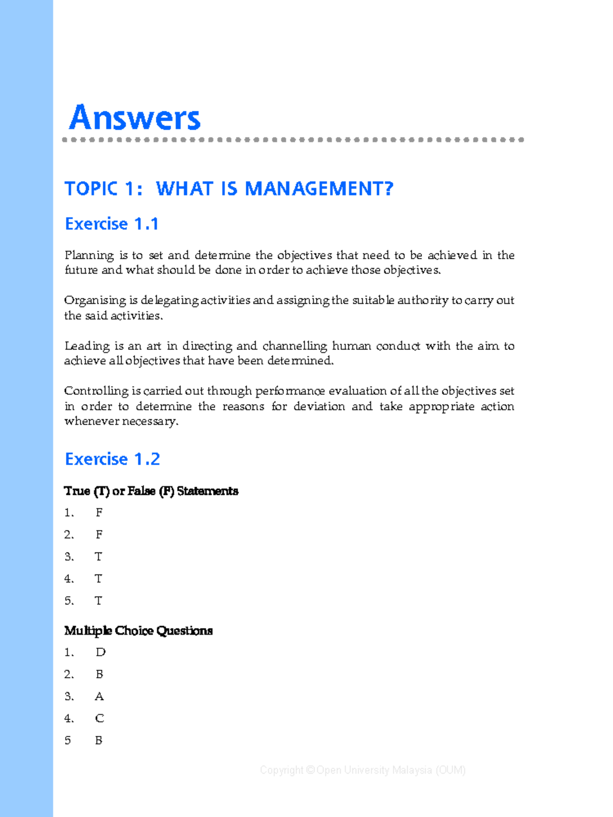 16 BBPP1103 Answers - 236 ANSWERS Answers TOPIC 1: WHAT IS MANAGEMENT ...