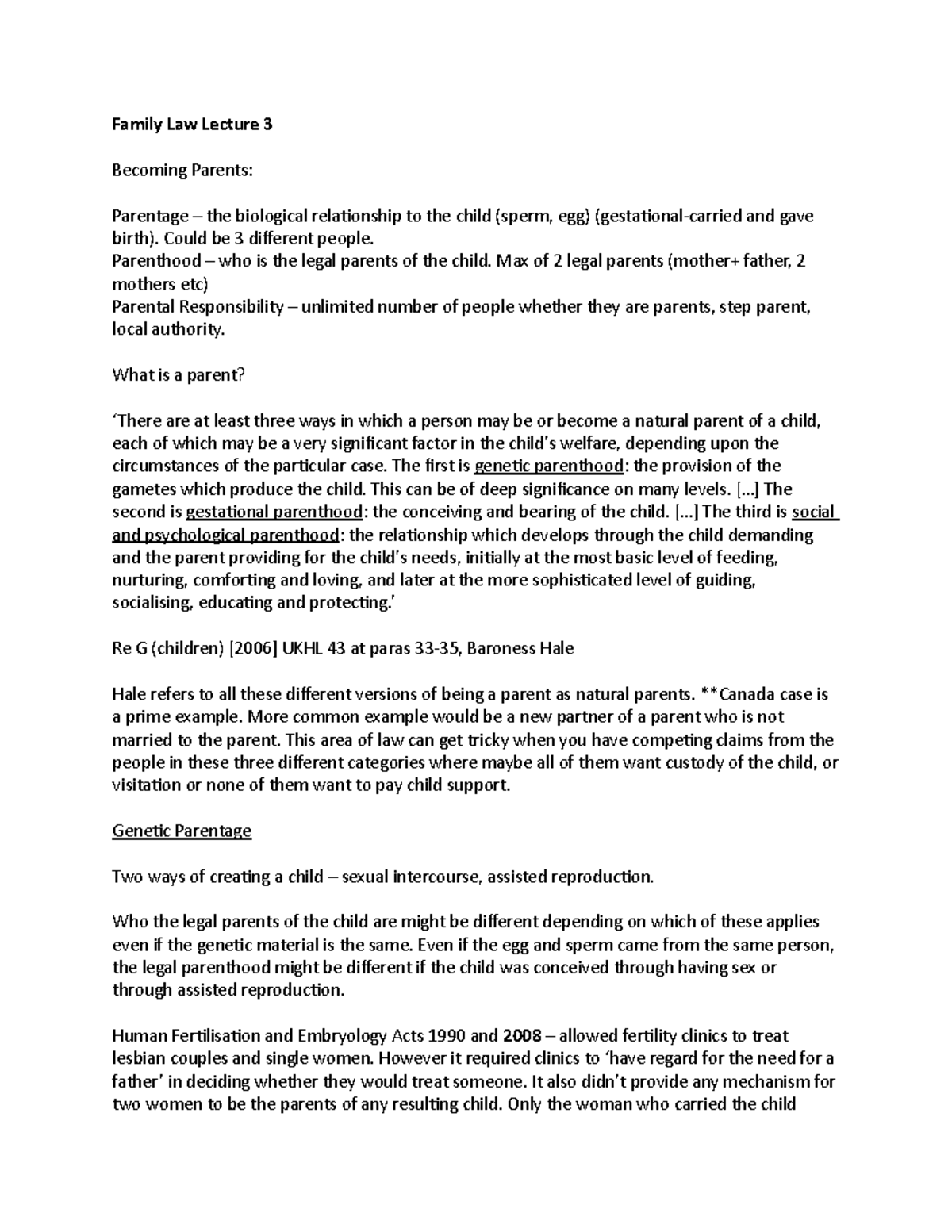 Family Law Lecture 3 - Could be 3 different people. Parenthood – who is ...
