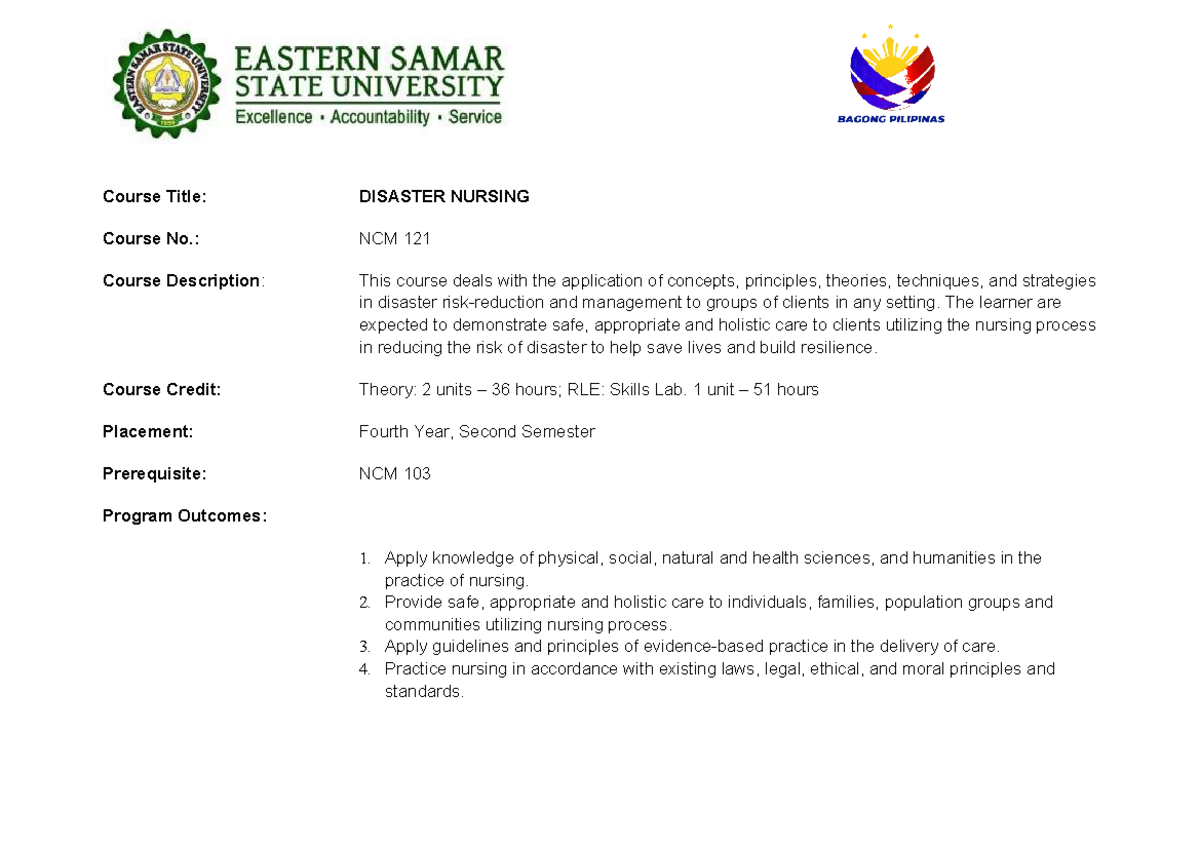 Disaster Nursing- Syllabus & Learning PLAN - Course Title: DISASTER ...