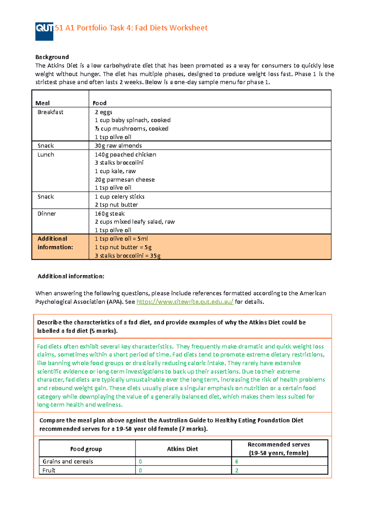 A1 Task 4 Fad Diets XNB151 A1 Portfolio Task 4 Fad Diets Worksheet