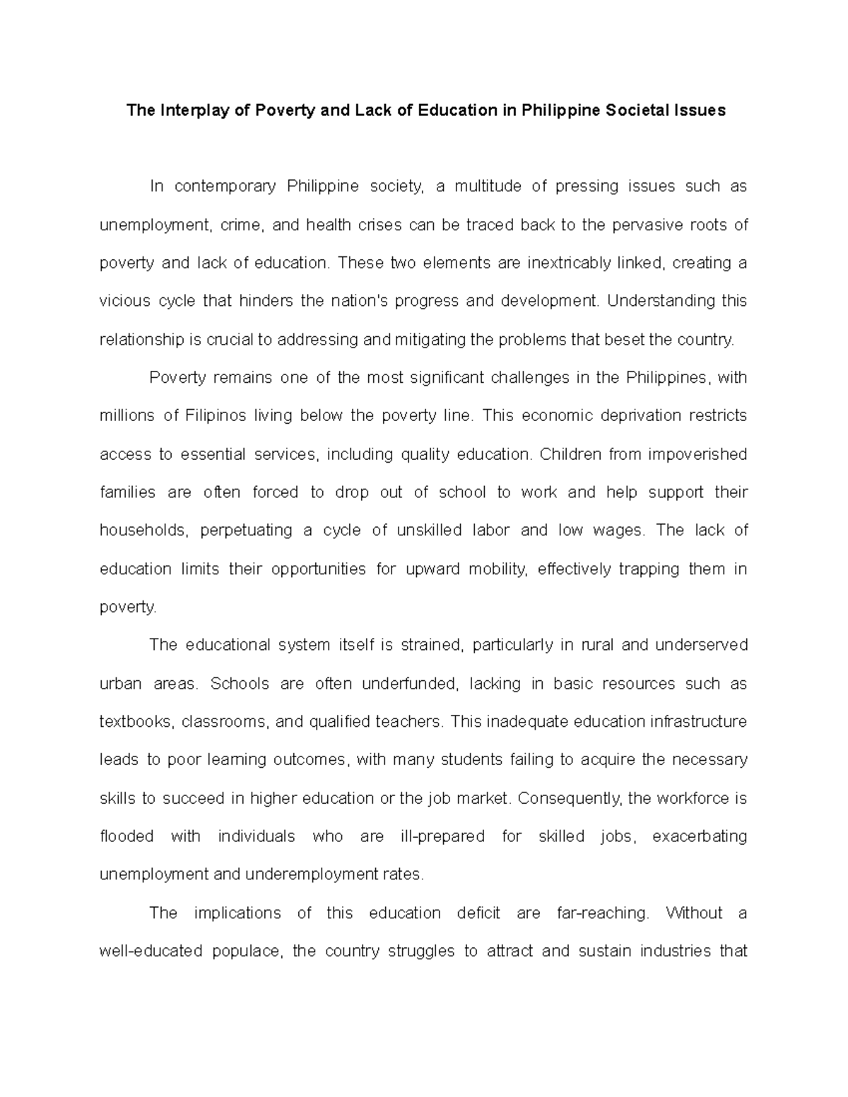 The interplay of poverty and lack of education in the Philippine ...