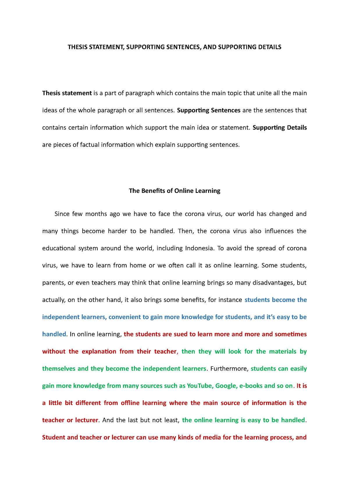 thesis statement topic sentences supporting details and conclusion