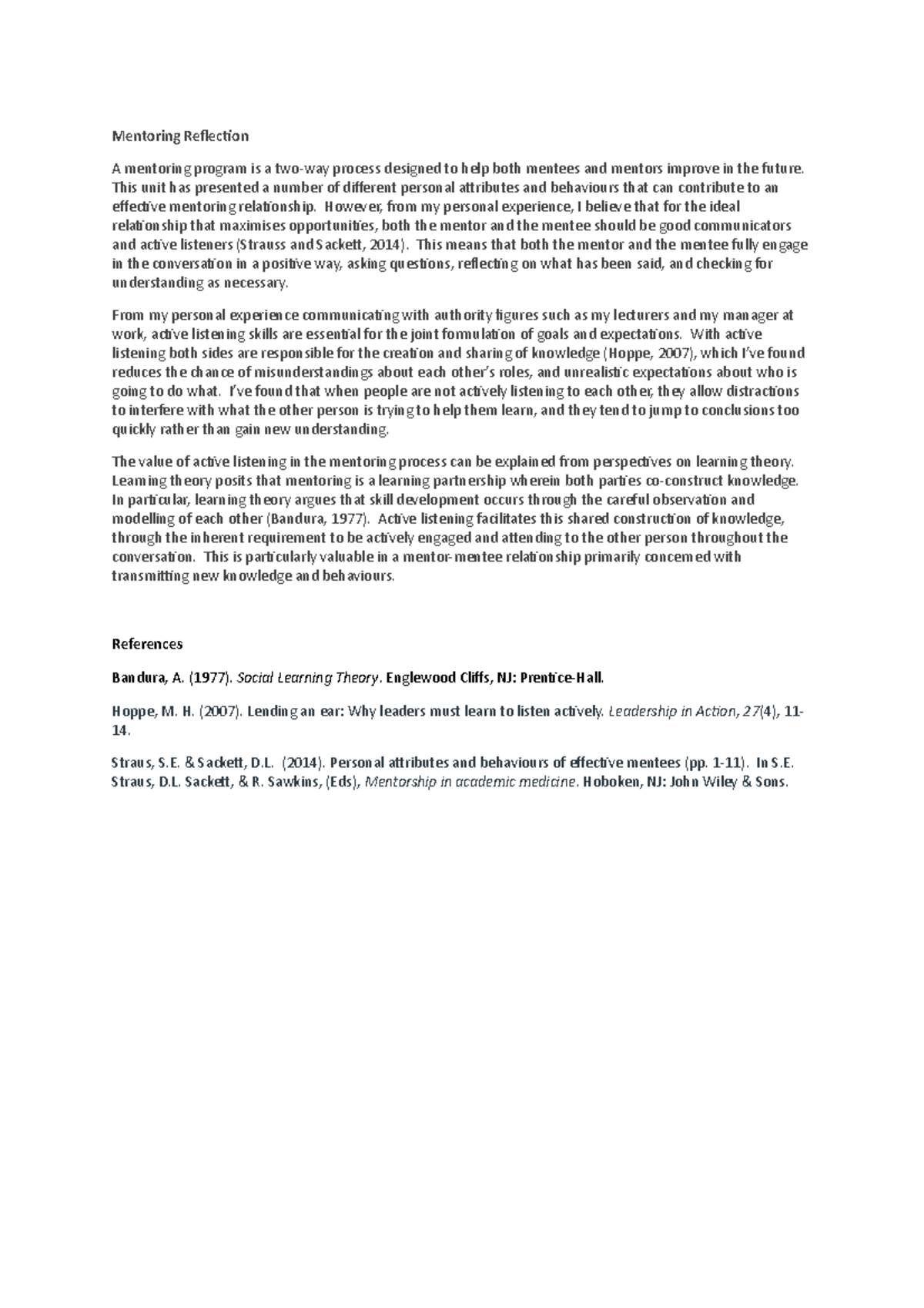 2020 Reflection Assessment Exemplar - Mentoring Reflection A mentoring ...