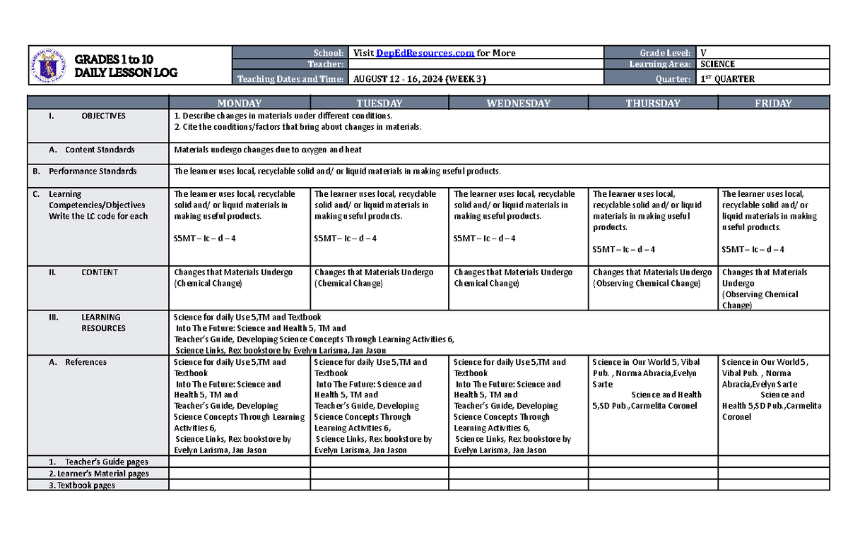 DLL Science 5 Q1 W3 - grade level - GRADES 1 to 10 DAILY LESSON LOG ...