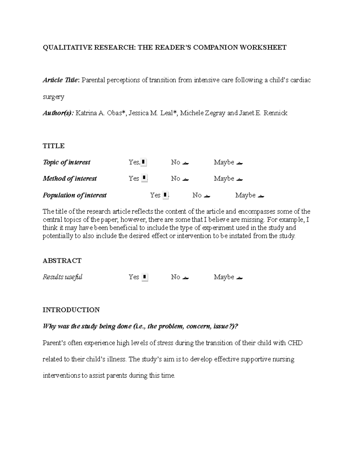 QUALITATIVE RESEARCH: THE READER’S COMPANION WORKSHEET - QUALITATIVE ...
