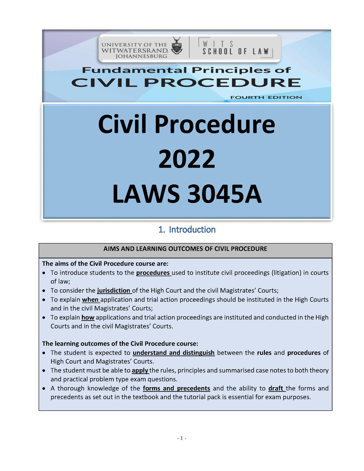 Civil procedure course outline 2022 1. Introduction AIMS AND LEARNING