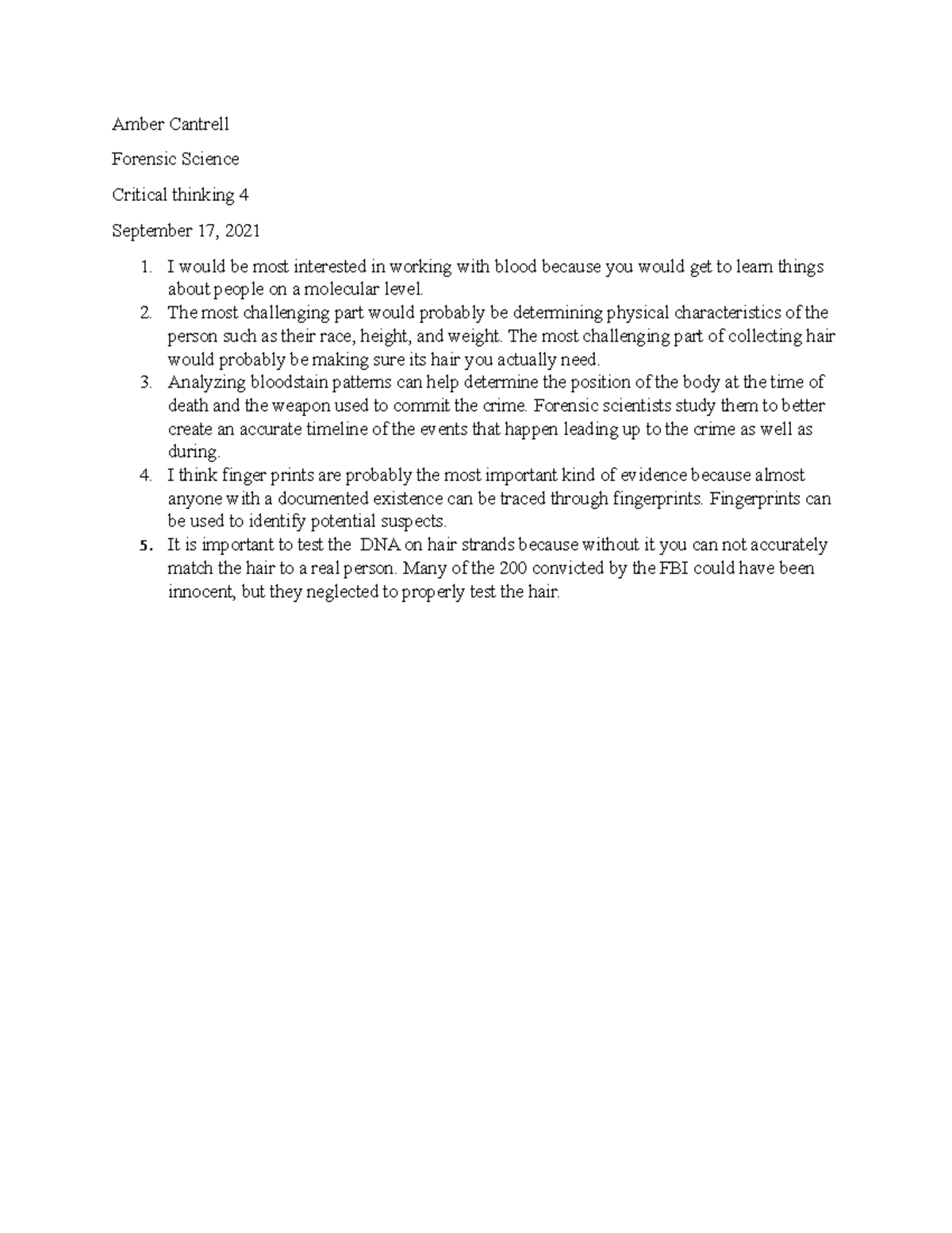 Critical thinking unit 4 - Amber Cantrell Forensic Science Critical ...