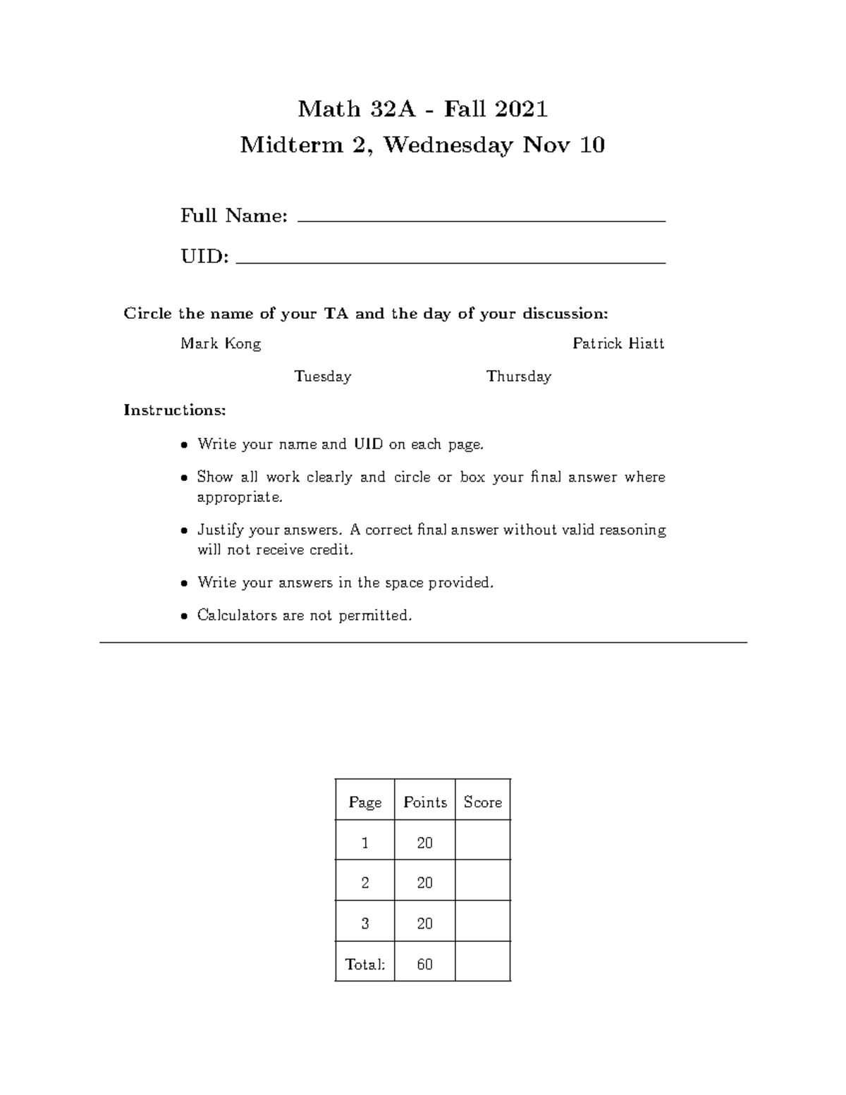 Midterm 1 Solutions - Math 32A - Fall 2021 Midterm 2, Wednesday Nov 10 ...