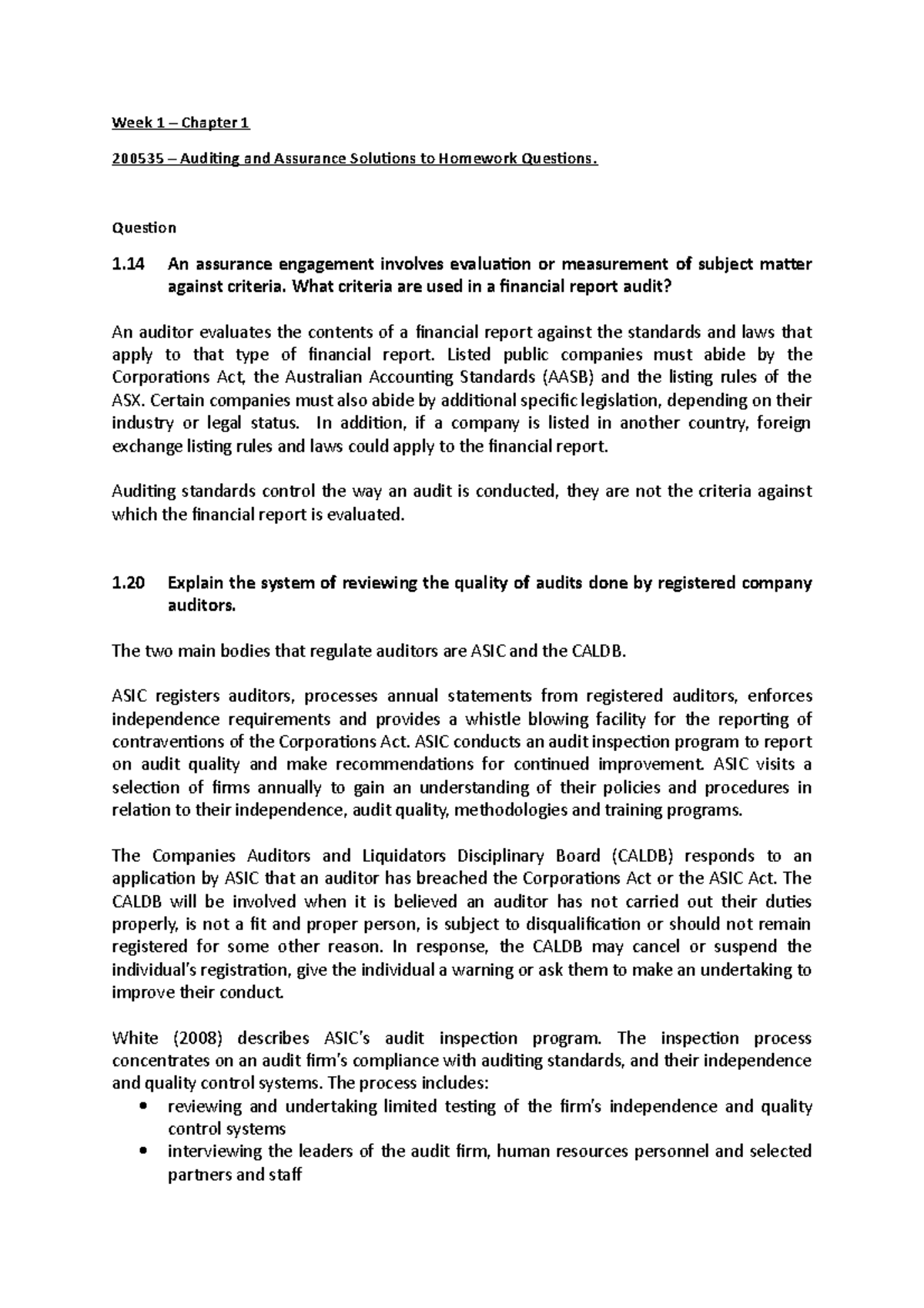 Week 1 - Homework Solutions for upload - Week 1 – Chapter 1 200535 ...