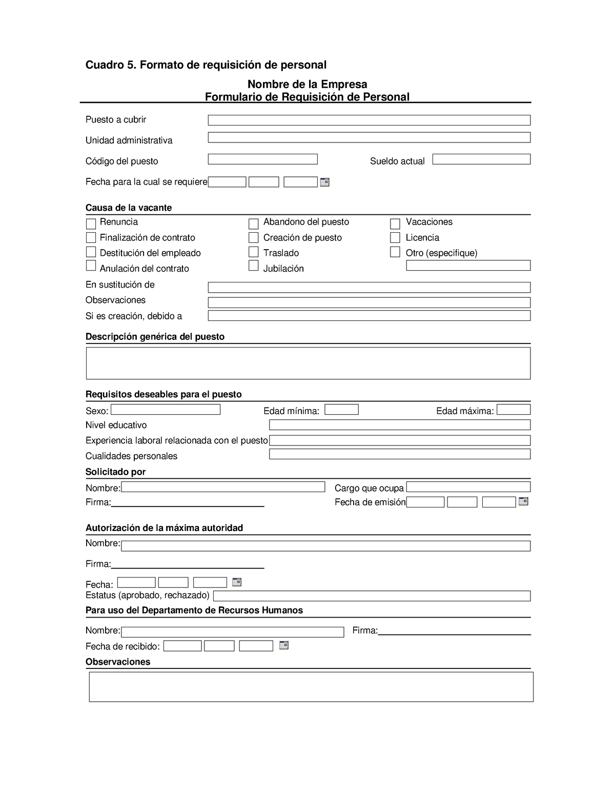 Cuadro 5 Formato De Requisicion De Perso Cuadro 5 Formato De Requisición De Personal Nombre 9351