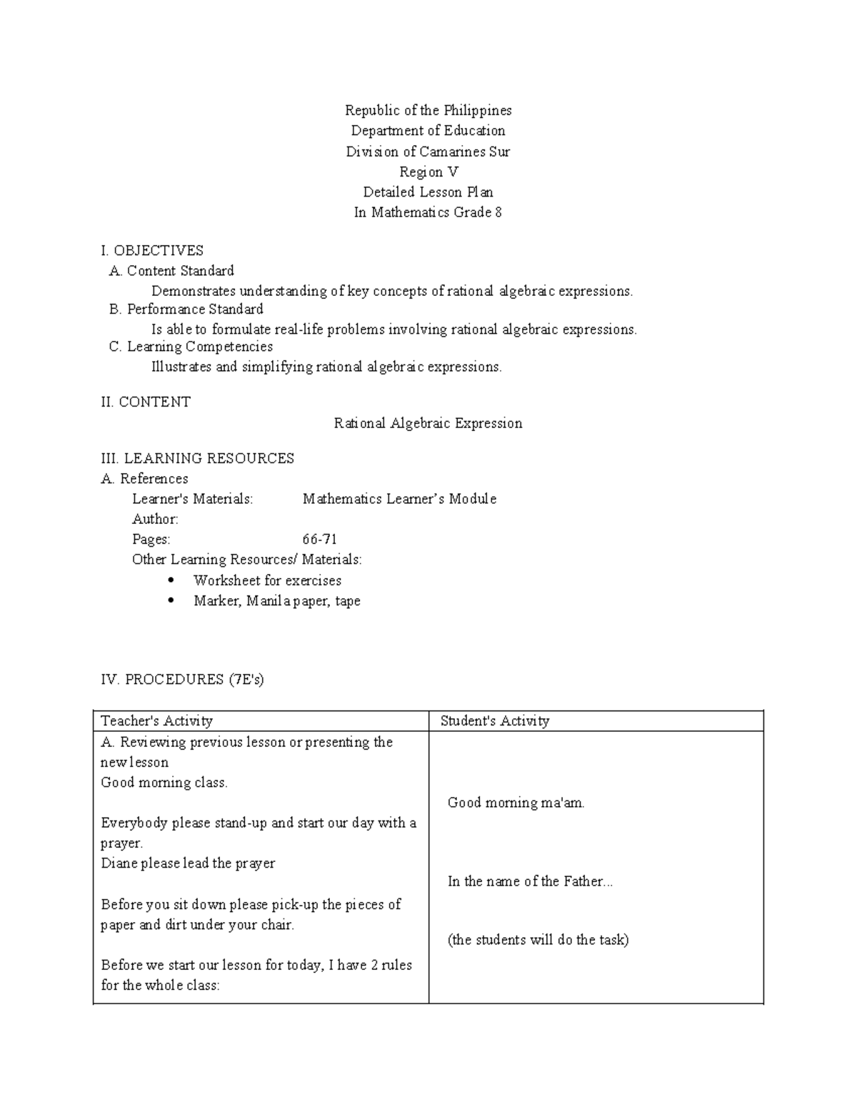 Lesson Plan in Math 8 - Rational Algebraic Expressions - Republic of ...