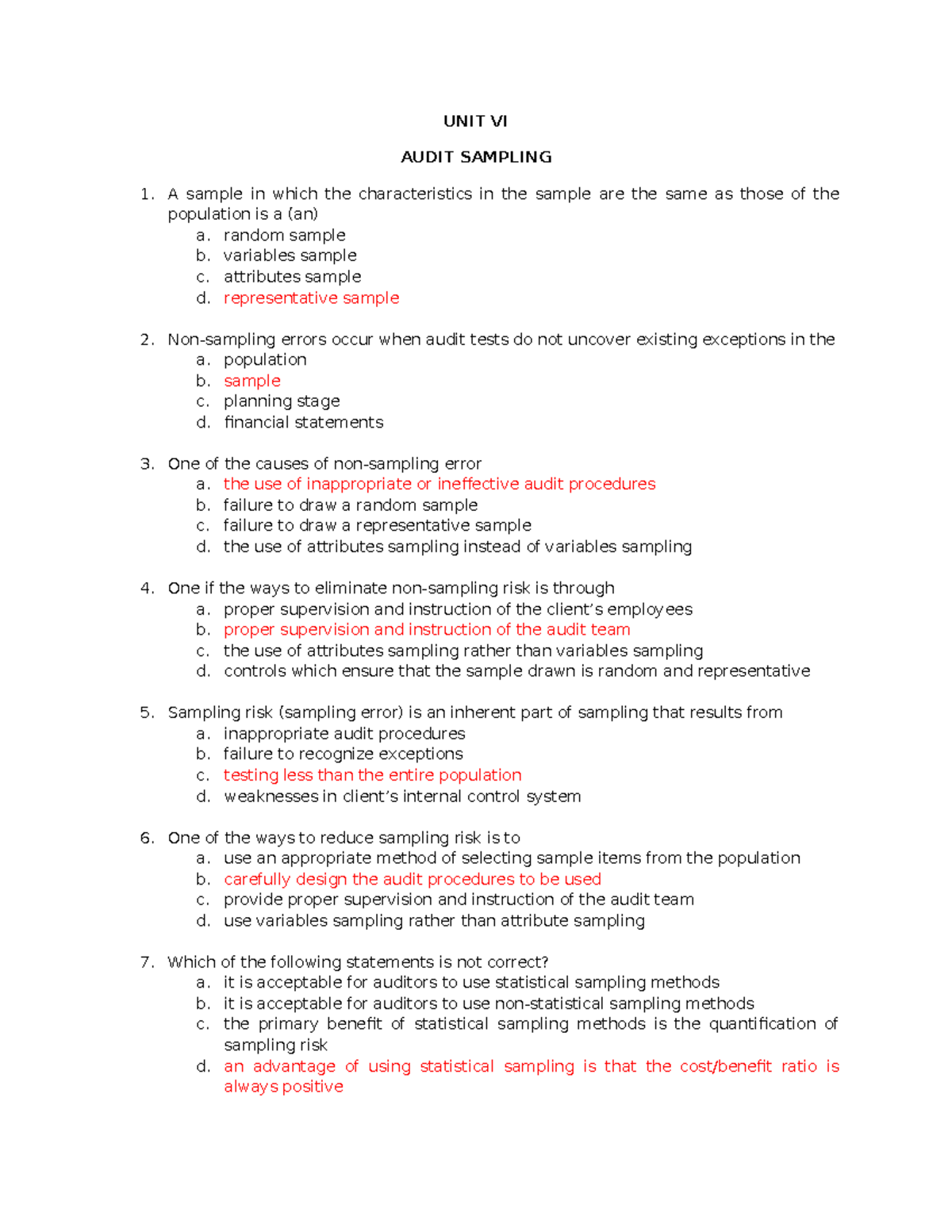 Unit 6 Audit Sampling UNIT VI AUDIT SAMPLING A sample in which the characteristics in the