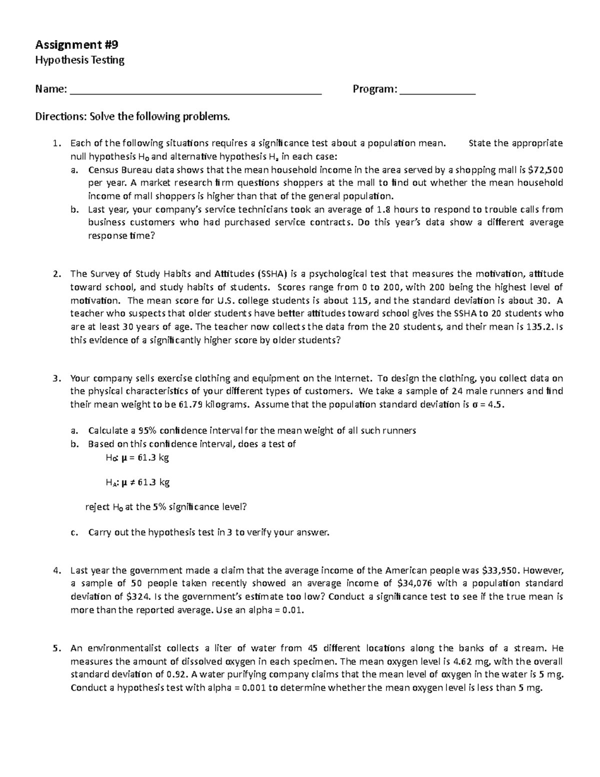 Assignment 9 Hypothesis Testing Assignment Hypothesis Testing Name