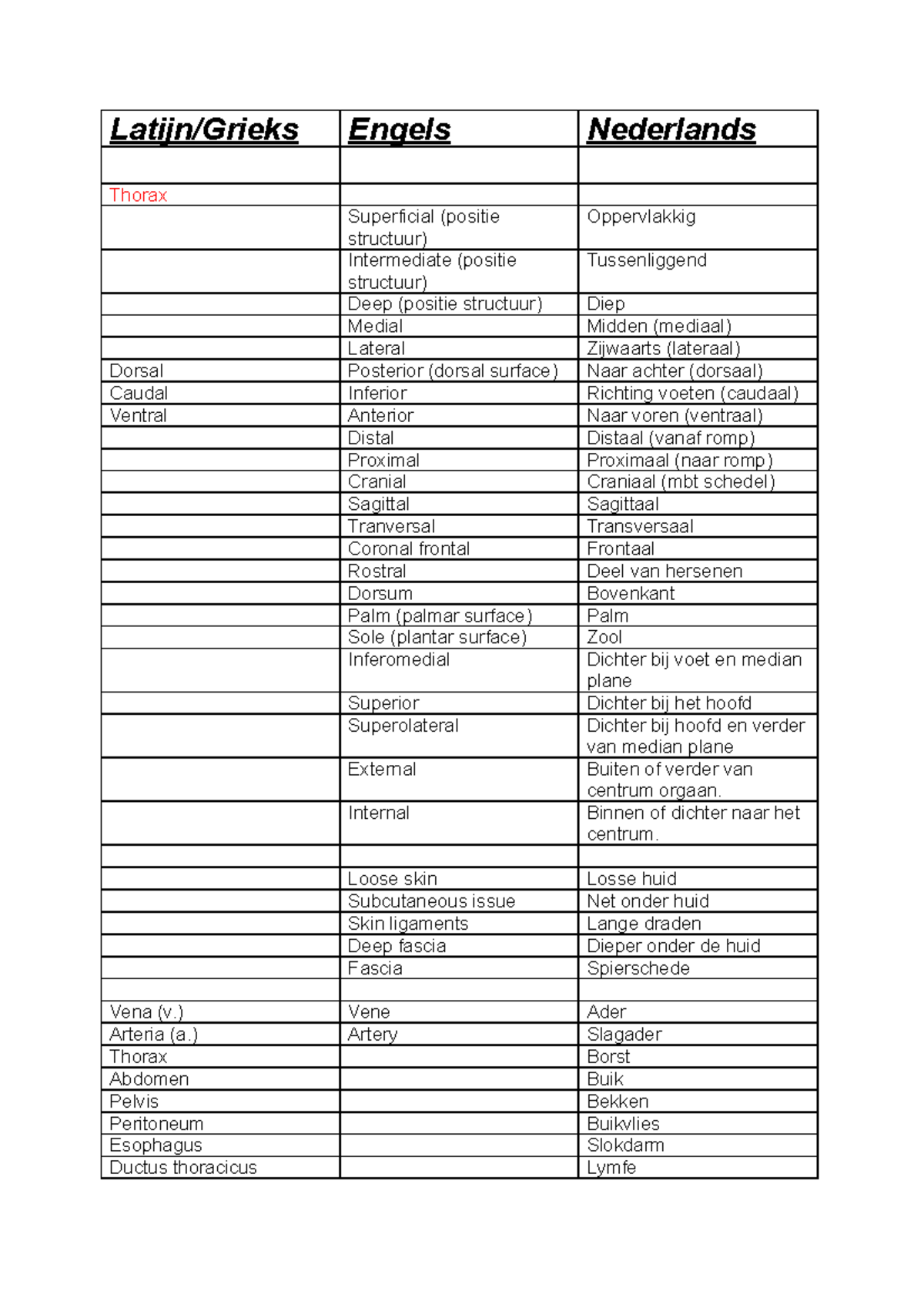 Lijst Met Anatomische Termen - Latijn/Grieks Engels Nederlands Thorax ...