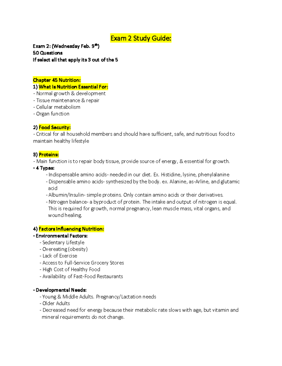 Exam 3 Study Guide - Exam 2 Study Guide: Exam 2: (Wednesday Feb. 9 th ...