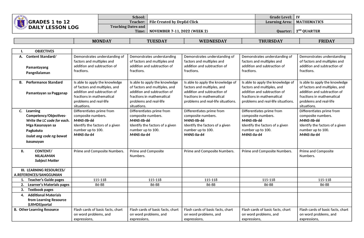 DLL MATH 4 Q2 W1 - dll math - GRADES 1 to 12 DAILY LESSON LOG School ...