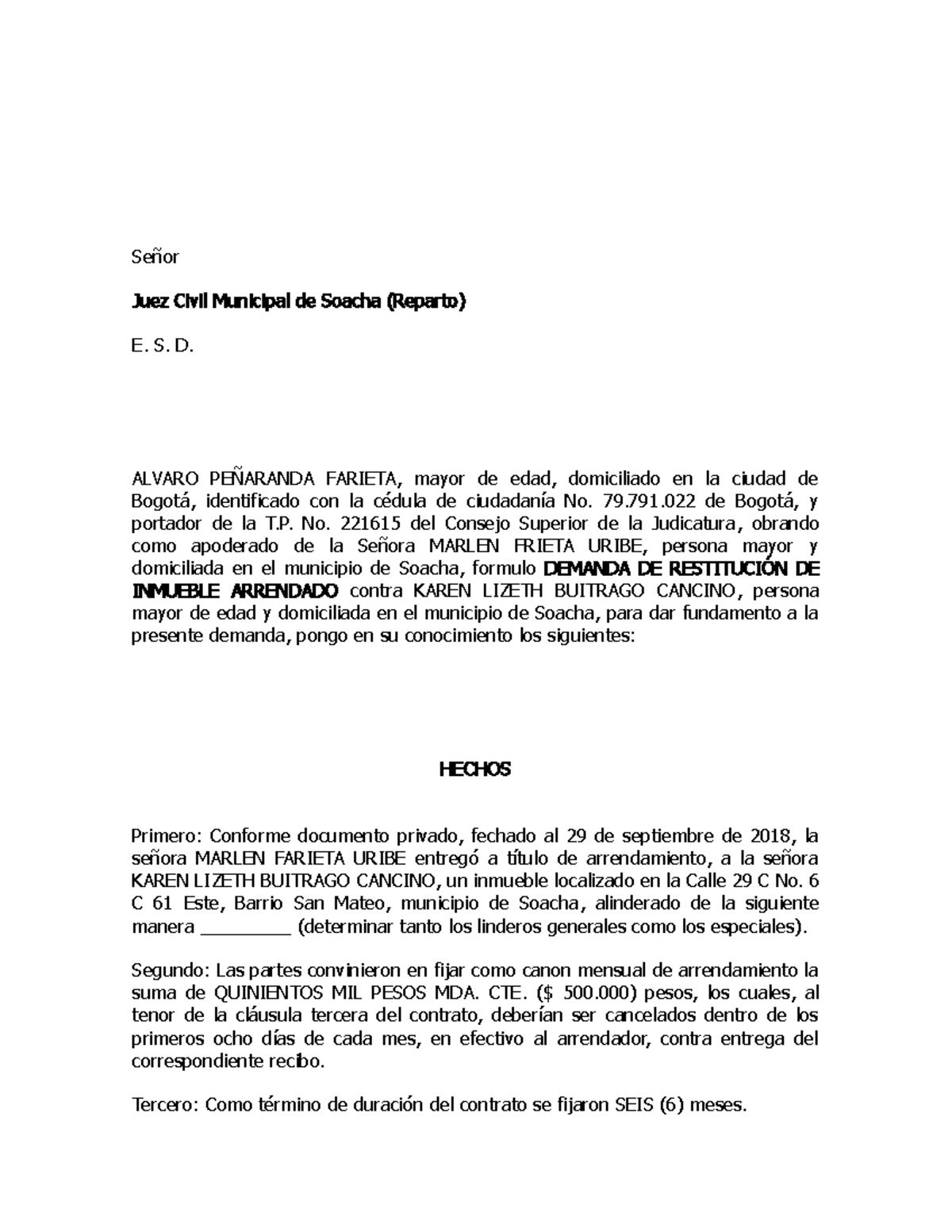 Demanda restitucion de inmueble arrendado Marlen Farieta - Señor Juez ...
