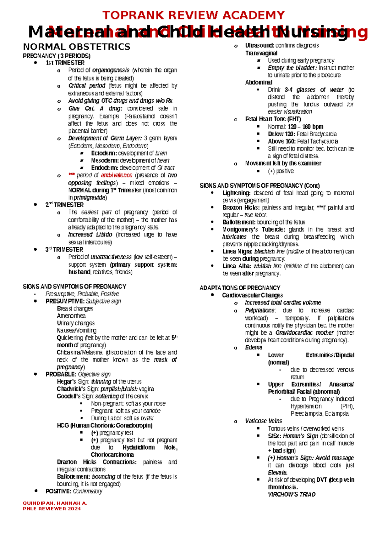 MCN AND Pedia - Notes - Maternal and Child Health Nursing Maternal and ...