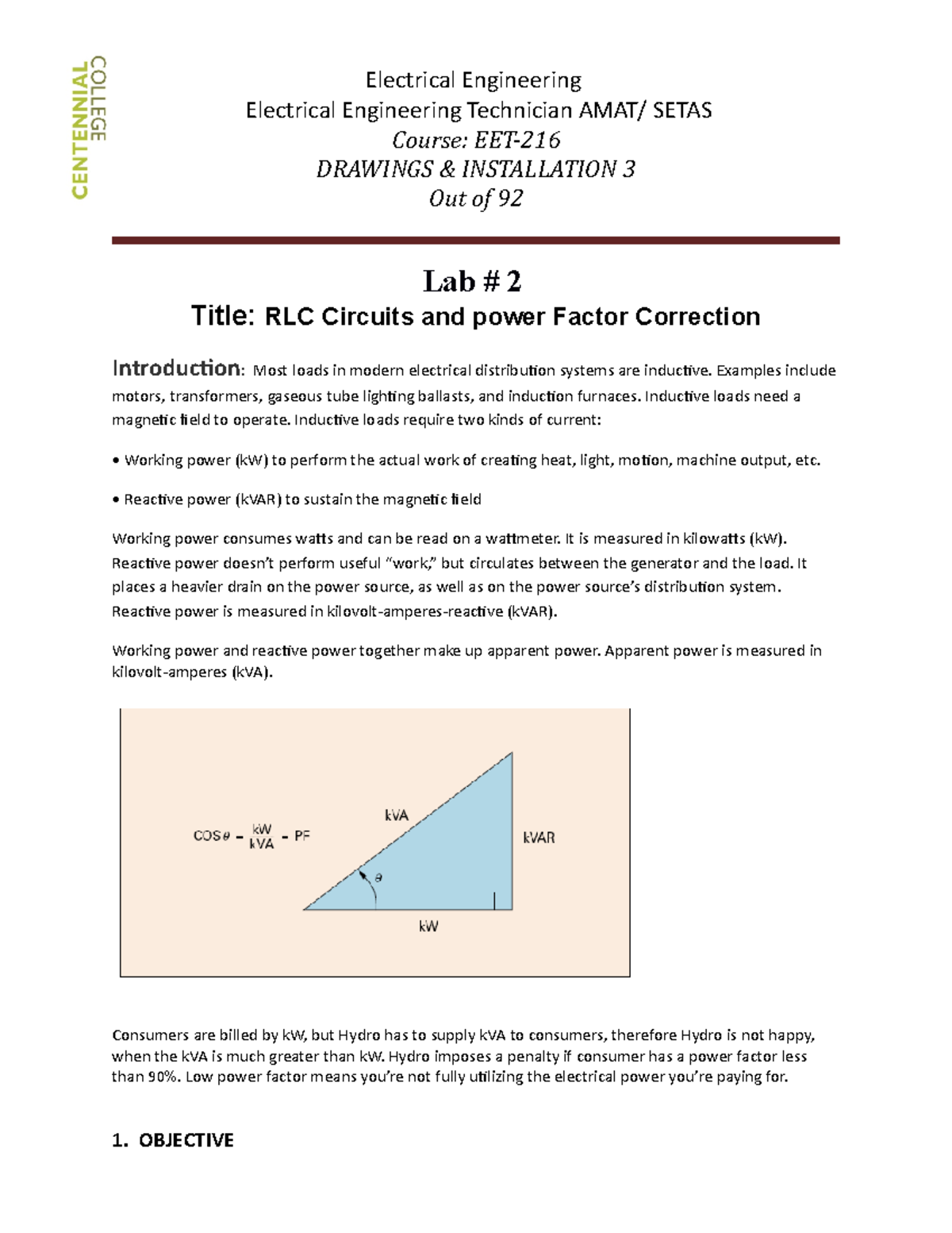 EET-216 LAB # 2 - RLC Circuits And Power Correction - Electrical ...