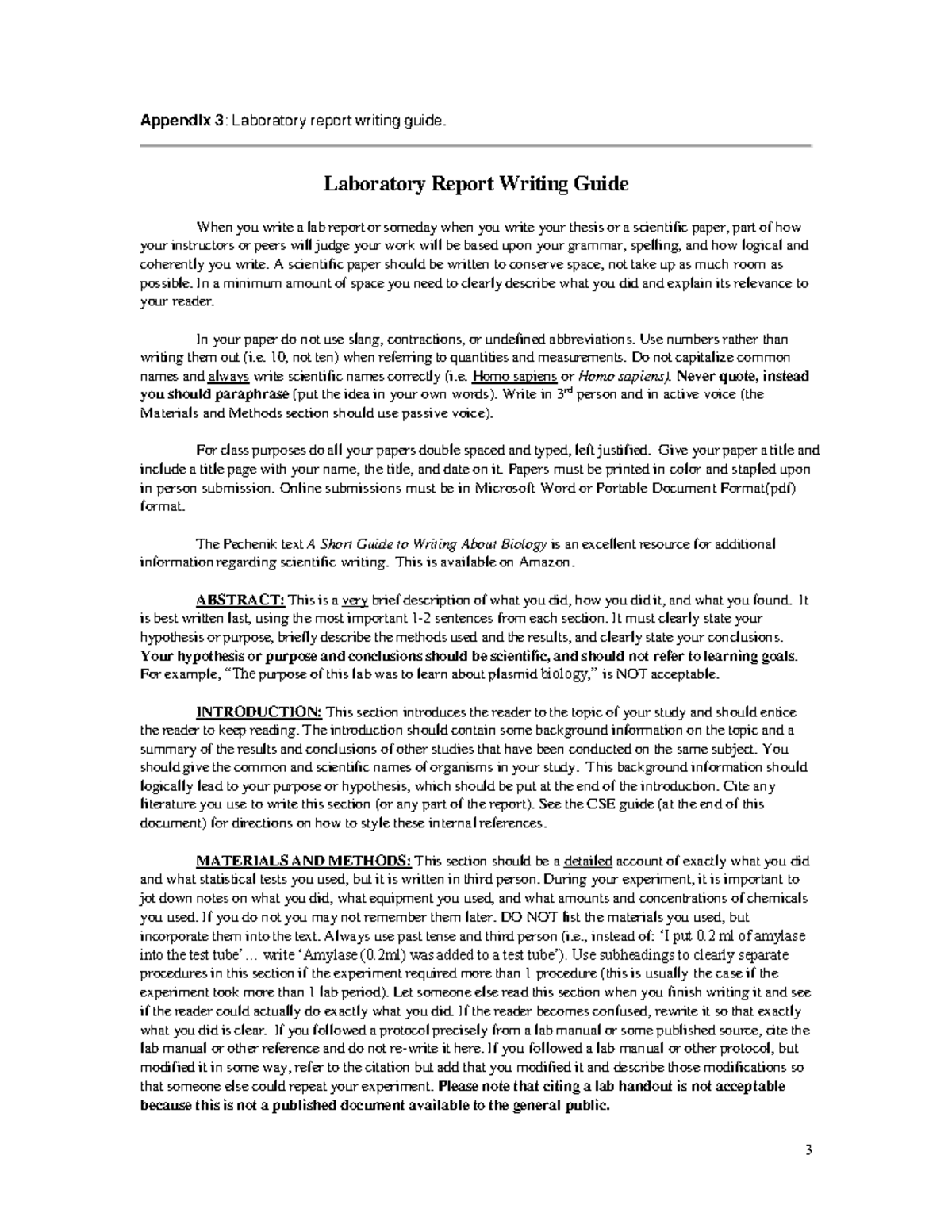 Grading rubric BIO 203L Appendix 3 Laboratory report writing guide