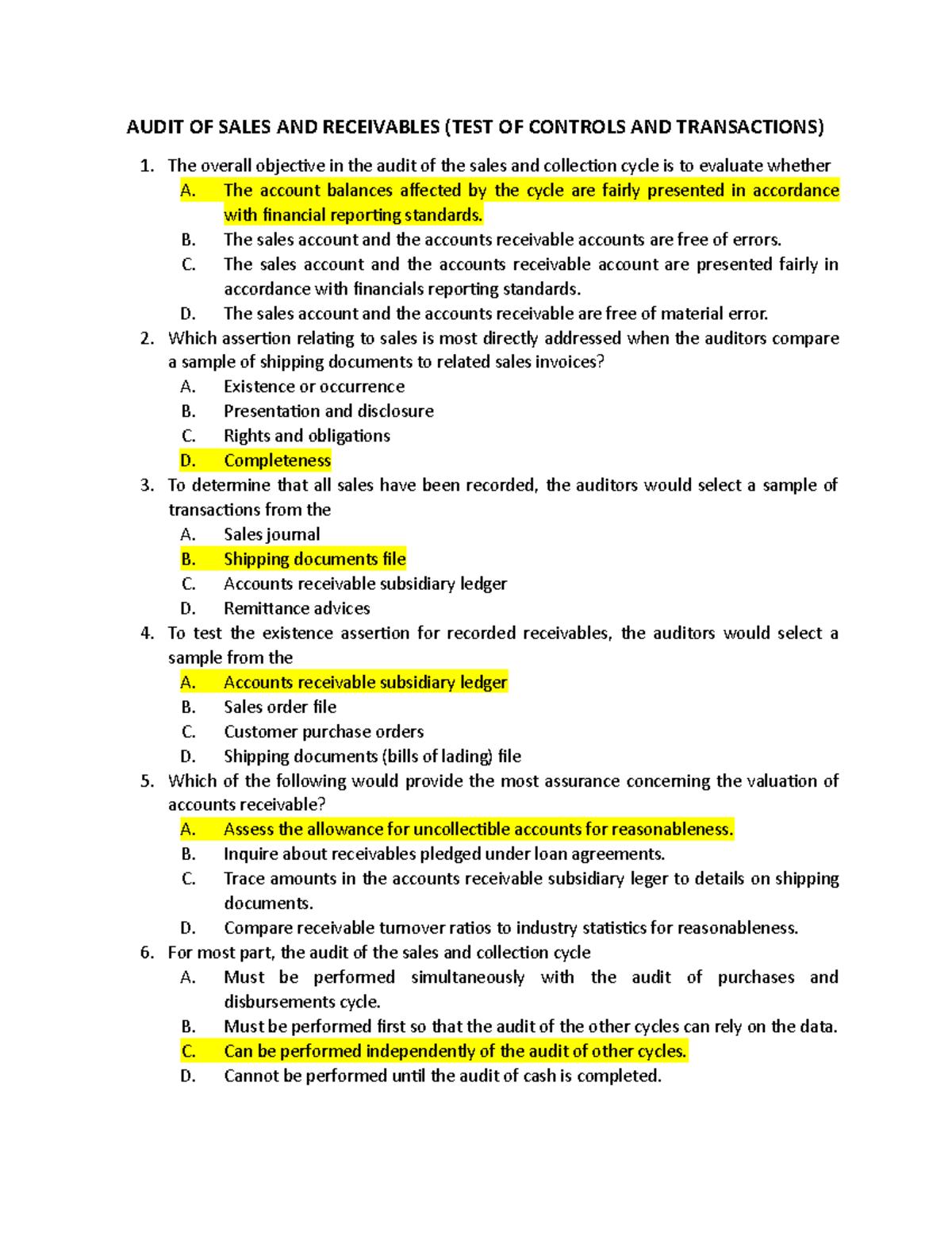 Audit OF Sales AND Receivables (TEST OF Controls) - AUDIT OF SALES AND ...