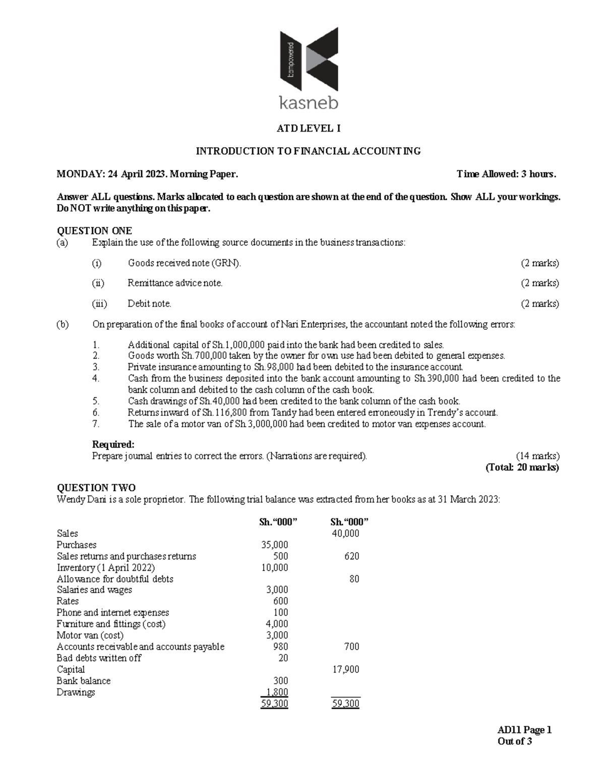 AD11 Introduction to Financial Accounting AD11 Page 1 Out of 3 ATD
