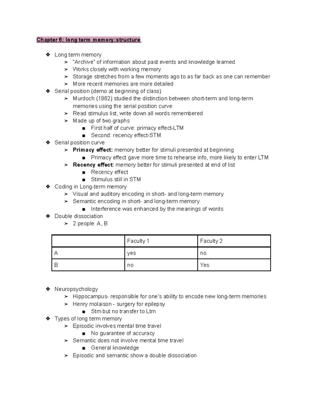 Cognitive notes - Chapter 6: long term memory:structure Long term ...