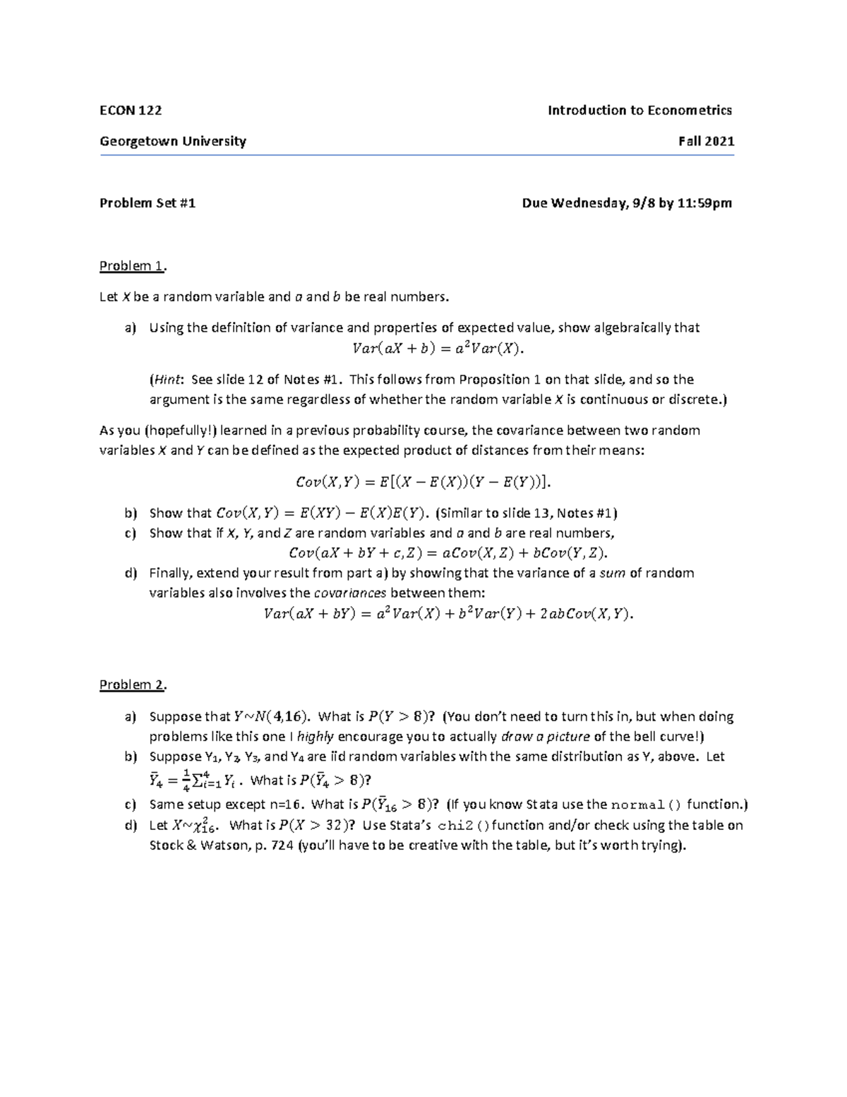 Homework 1 Fall semester ECON 122 Introduction to Econometrics