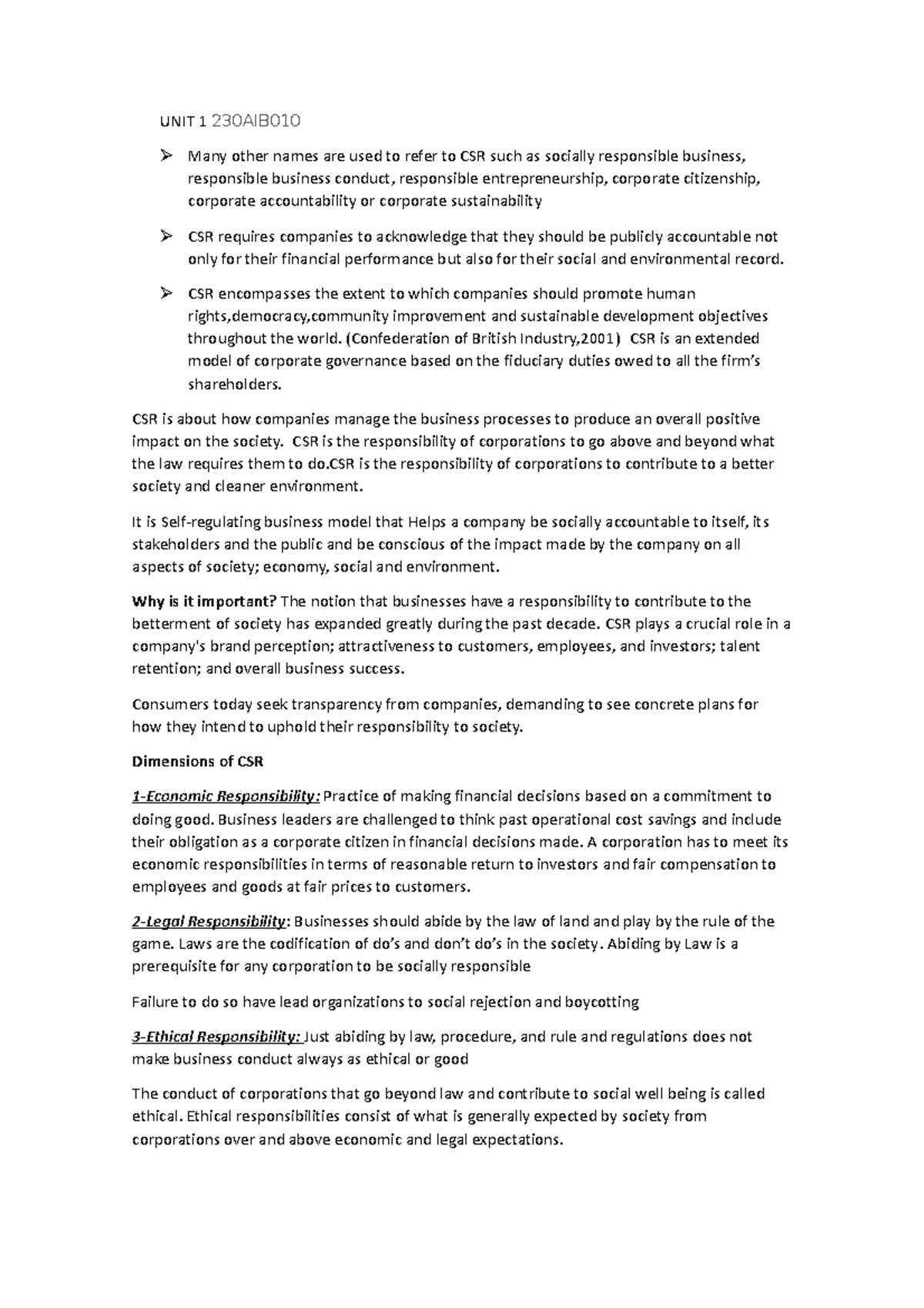 Csr Theory - Unit 1 230aib Many Other Names Are Used To Refer To Csr 