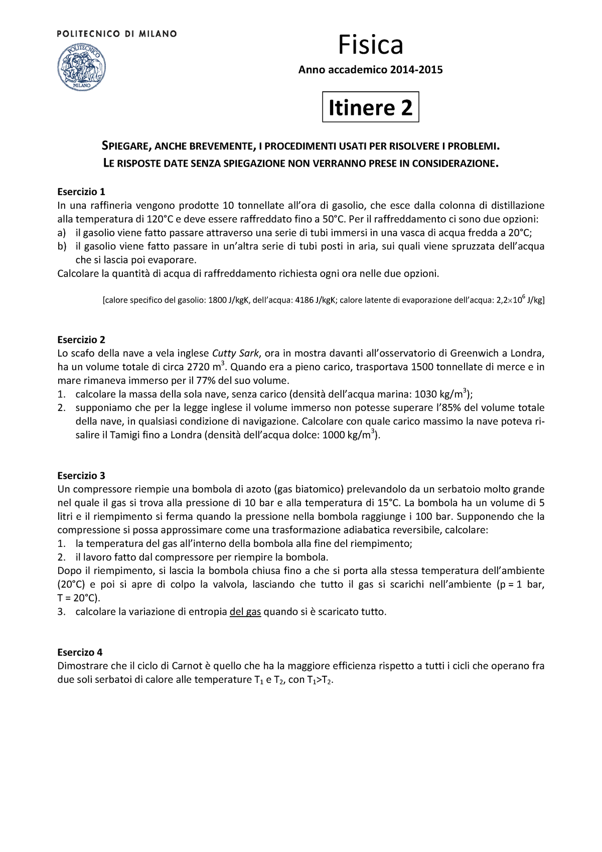 Prova D'esame - Fisica - Itinere 2 - A.a. 2014‐2015 - Fisica Anno ...