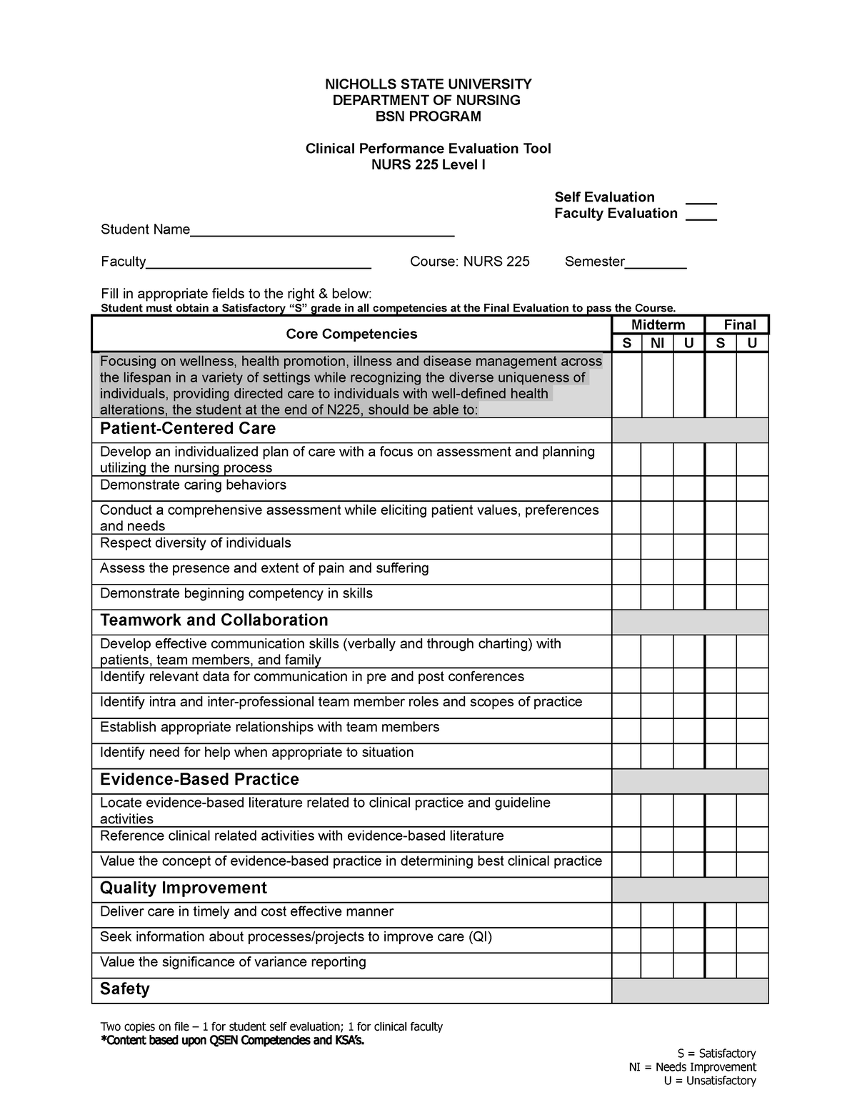 Level I N225 Clinical Eval Tool - NICHOLLS STATE UNIVERSITY DEPARTMENT ...