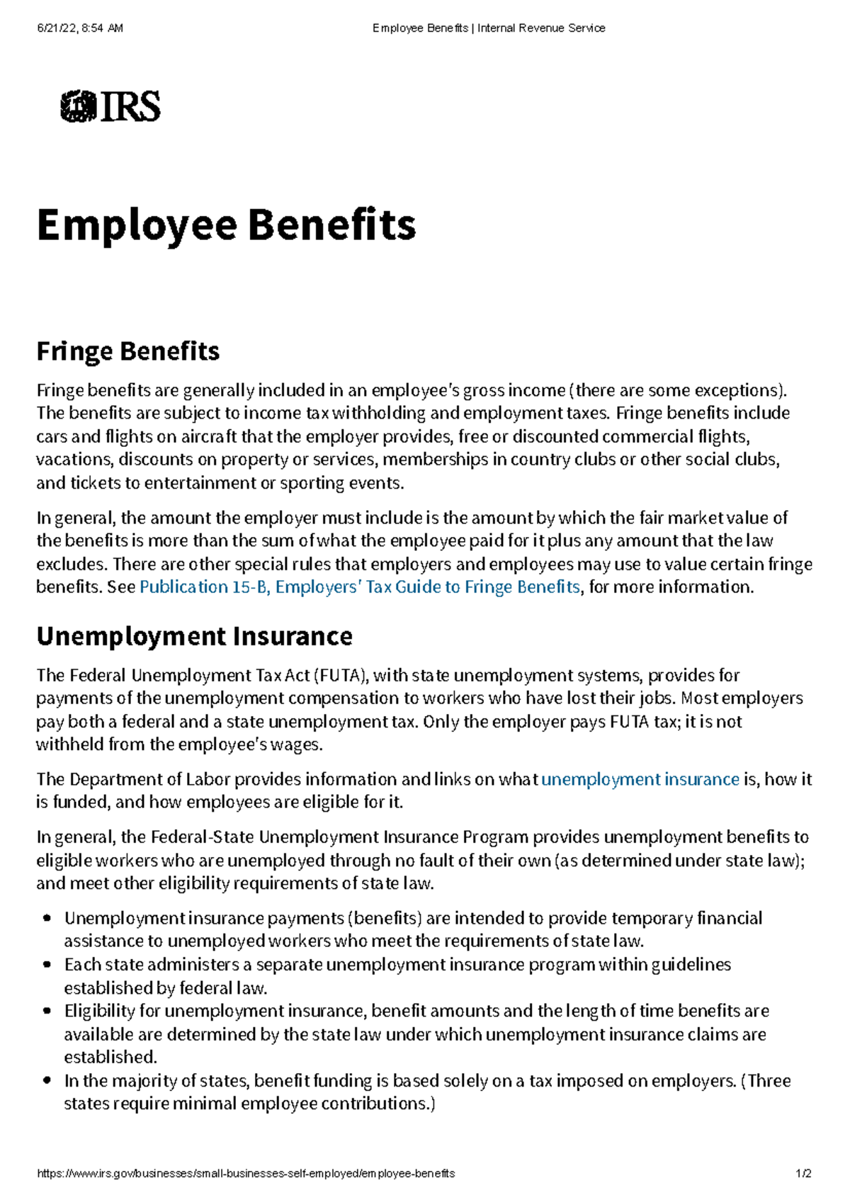 Employee Benefits Internal Revenue Service - 6/21/22, 8:54 AM Employee ...