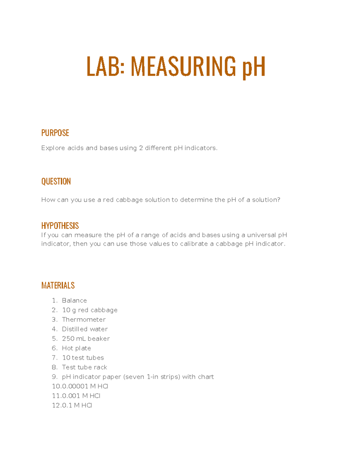 Lab Measuring p H kkmmm LAB MEASURING pH PURPOSE Explore acids and