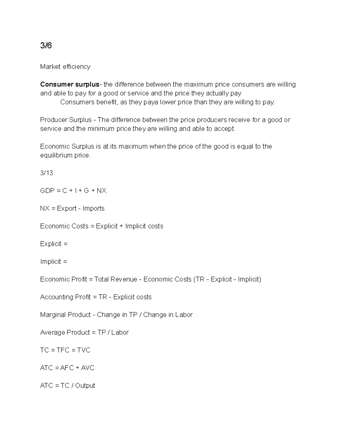 ECON Notes - 3/ Market efficiency Consumer surplusand able to pay for a ...