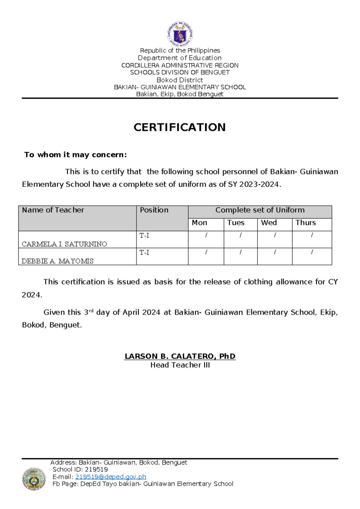 Certification Clothing Allowance BakianGuiniawan ES Republic of the