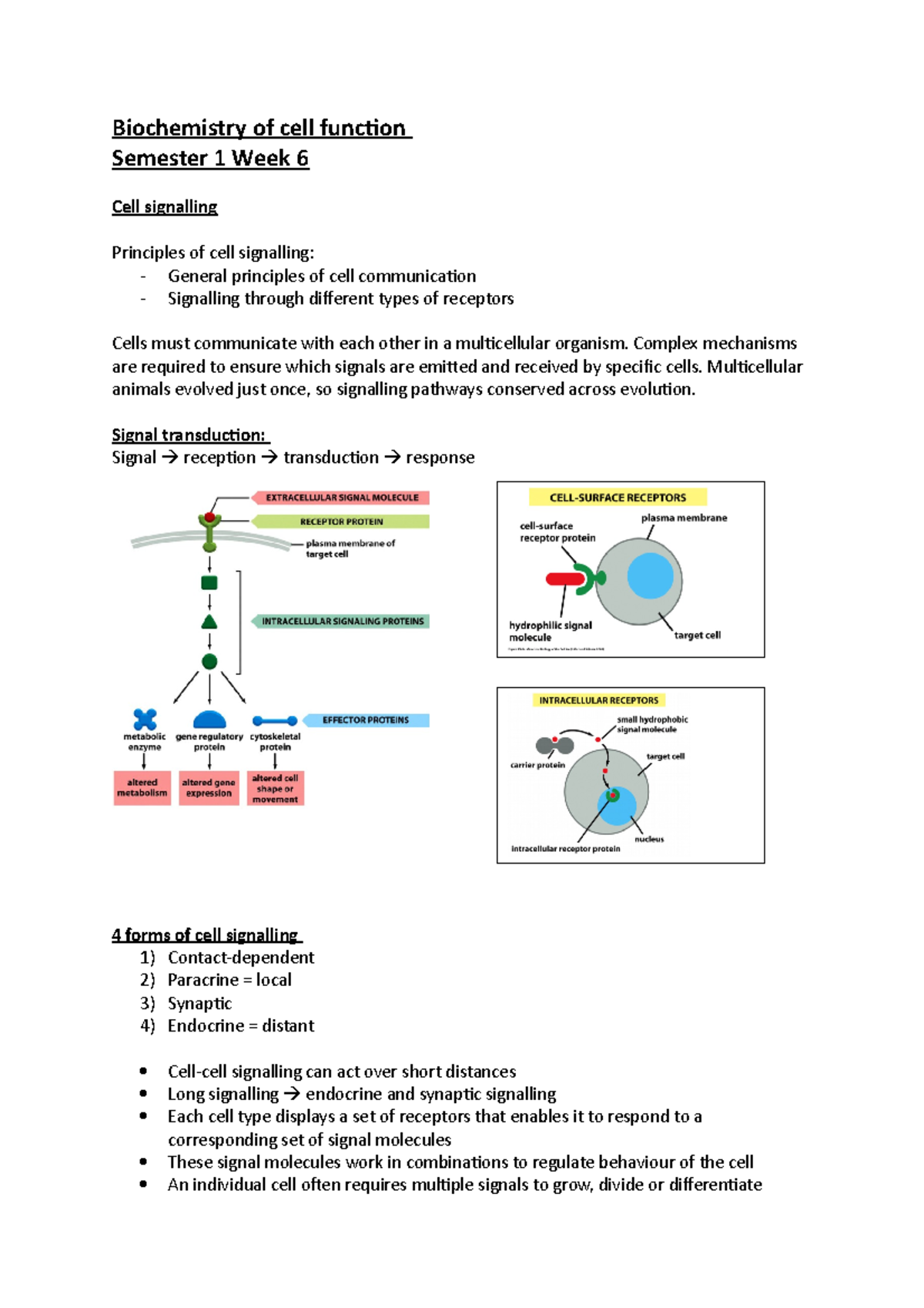 S1W6 - cell signalling - Lecture notes S1W6 - Biochemistry of cell ...