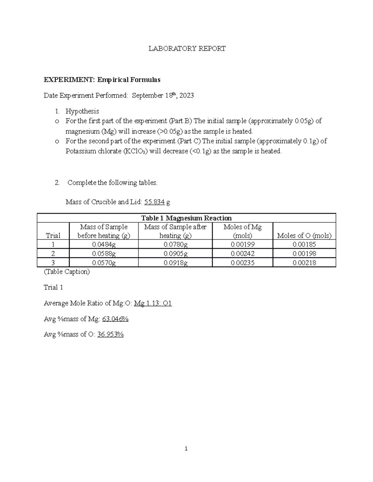 Exp 7 Empirical Formula Calculations - LABORATORY REPORT EXPERIMENT ...