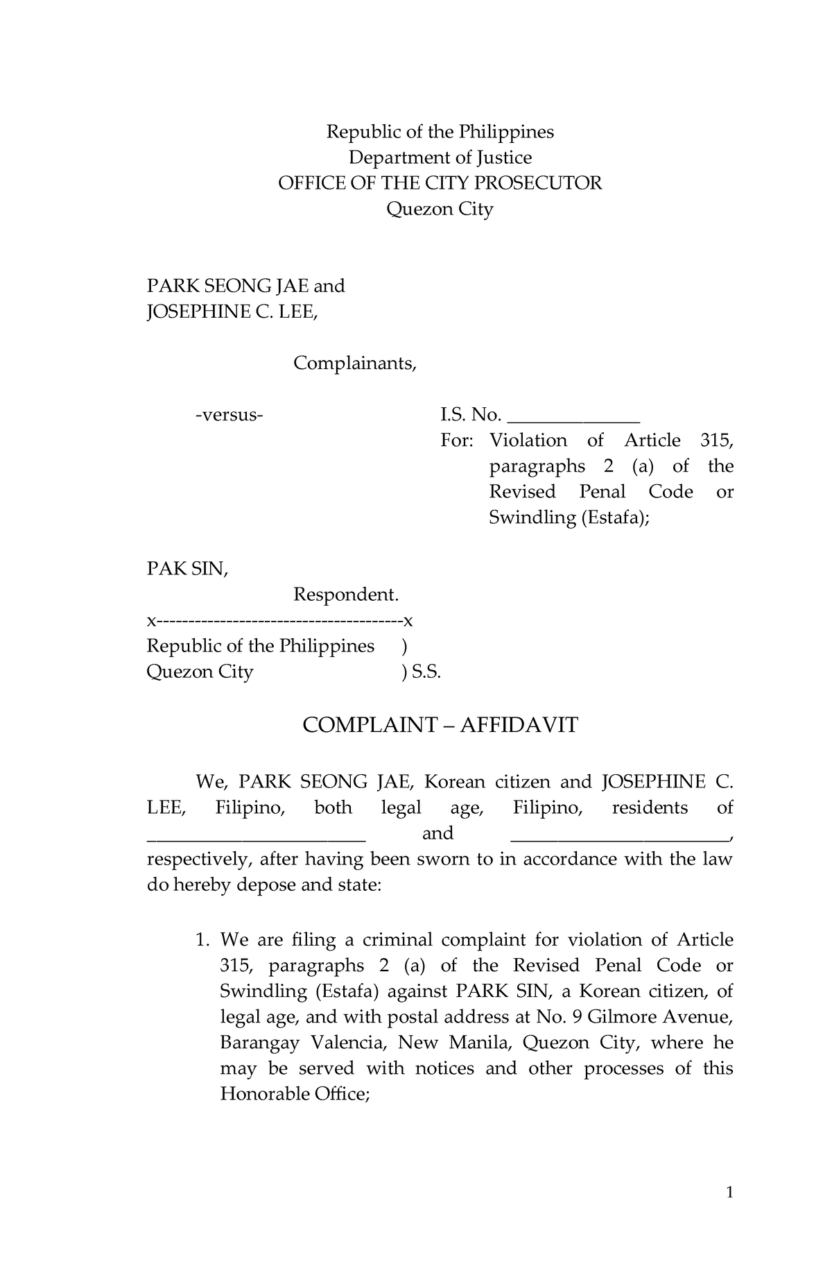 Complaint-affidavit - Complaint - Republic Of The Philippines 