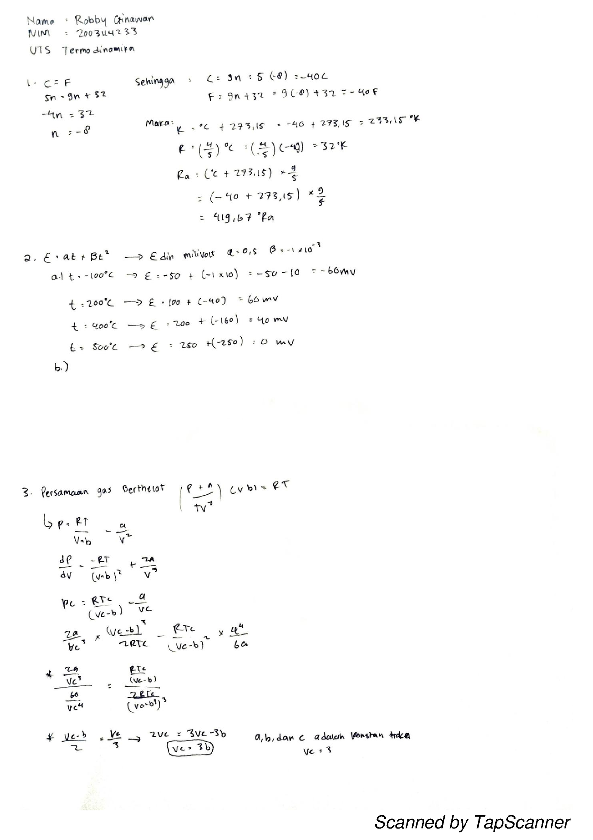 UTS Termodinamika Robby Ginawan 2003 114233 - Fisika Teknik - Scanned ...