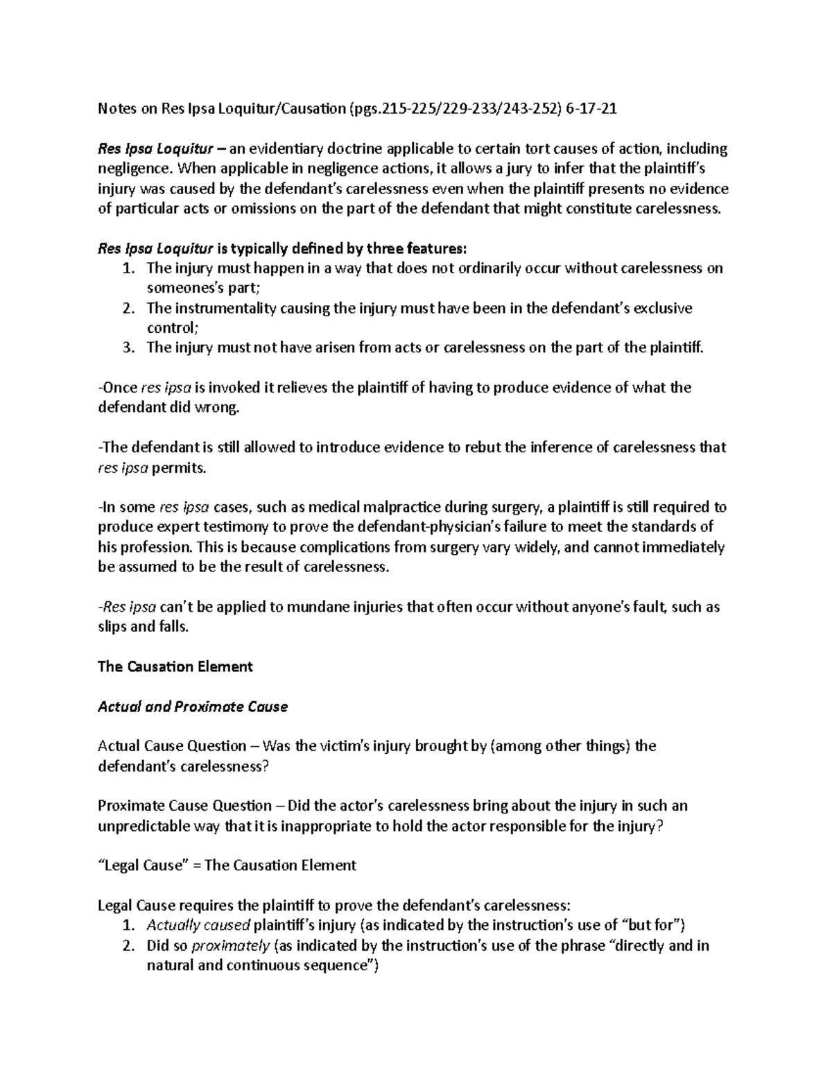 Notes on Res Ipsa Loquitur 6-17-21 - Notes on Res Ipsa Loquitur ...