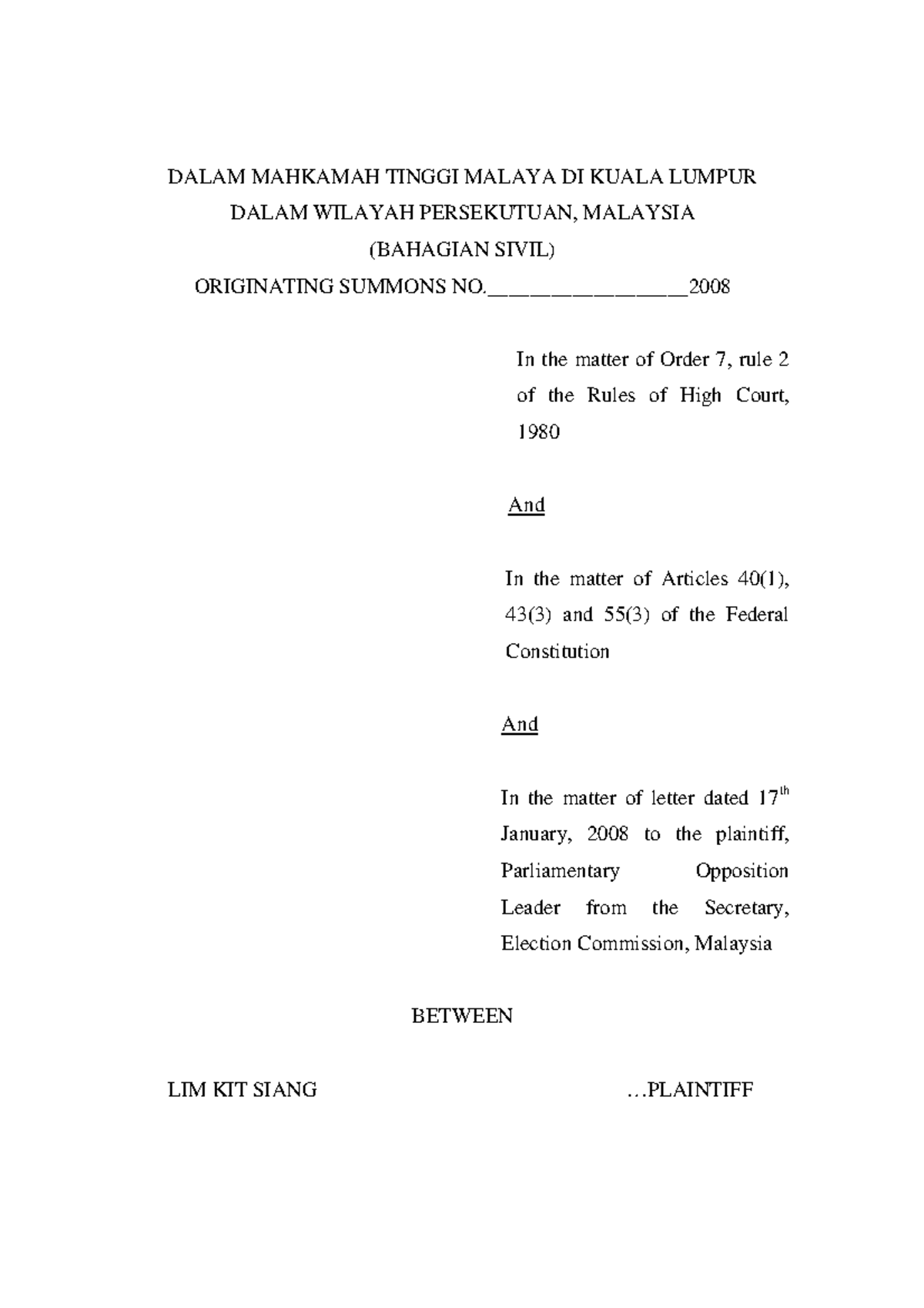 Sample OS Originating Summon DALAM MAHKAMAH TINGGI MALAYA DI KUALA 