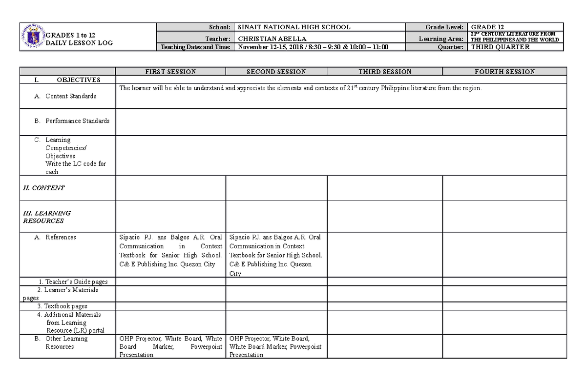 Daily Lesson LOG Original - GRADES 1 to 12 DAILY LESSON LOG School ...