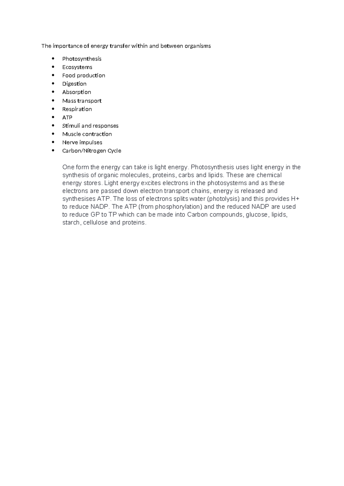 energy transfer within and between organisms essay