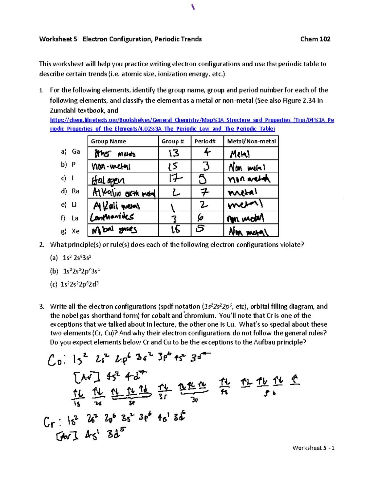 Worksheet+5+Electron+Configuration+%26+Periodic+Trends+ - Worksheet 5 ...