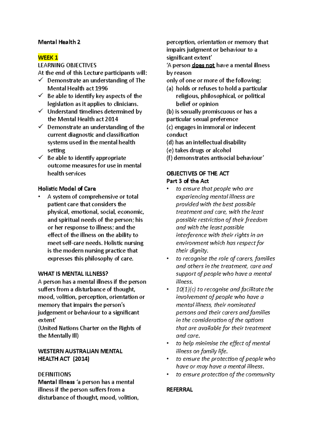 Mental Health 2 notes - NURS3027 - Notre Dame - Studocu
