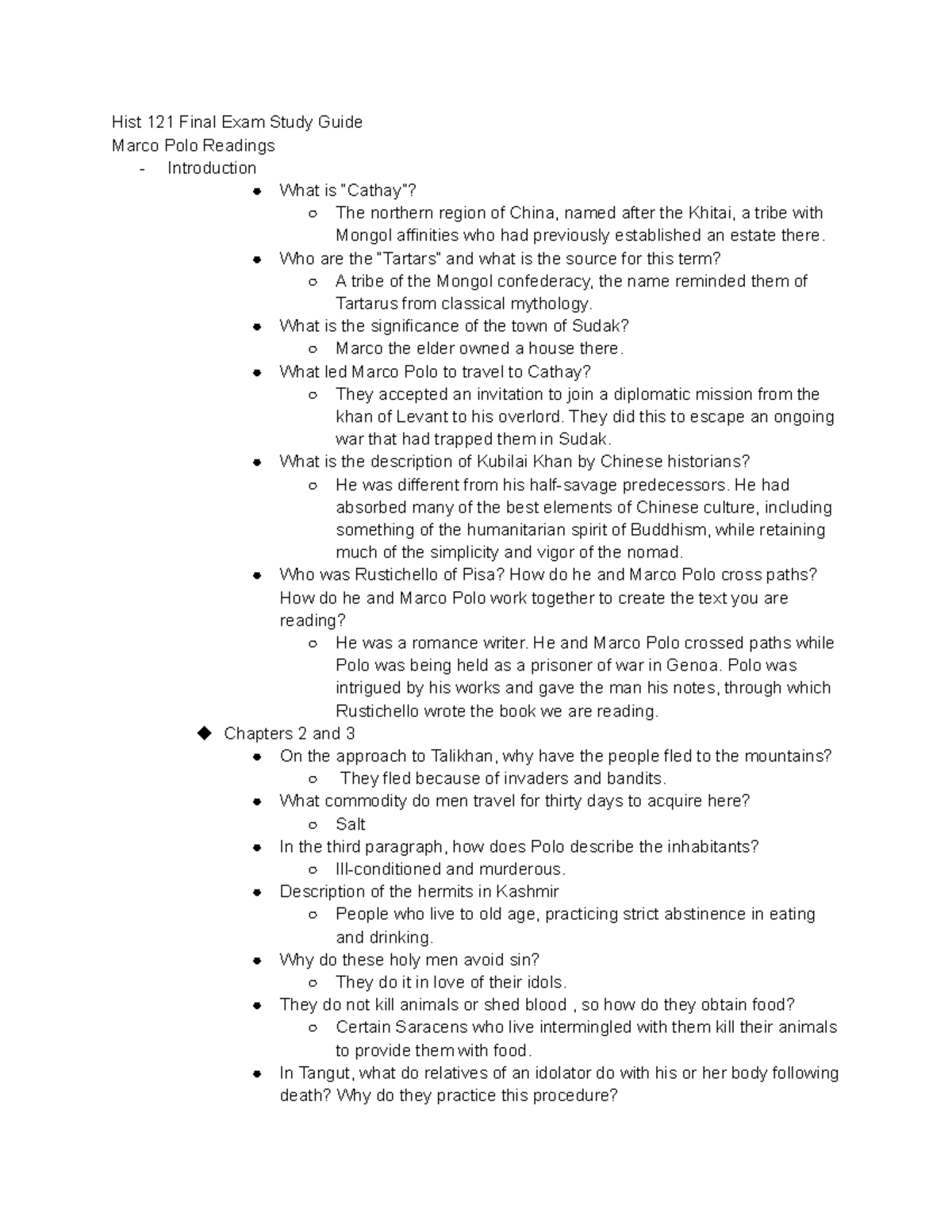 HIST Final Study Guide - Hist 121 Final Exam Study Guide Marco Polo ...