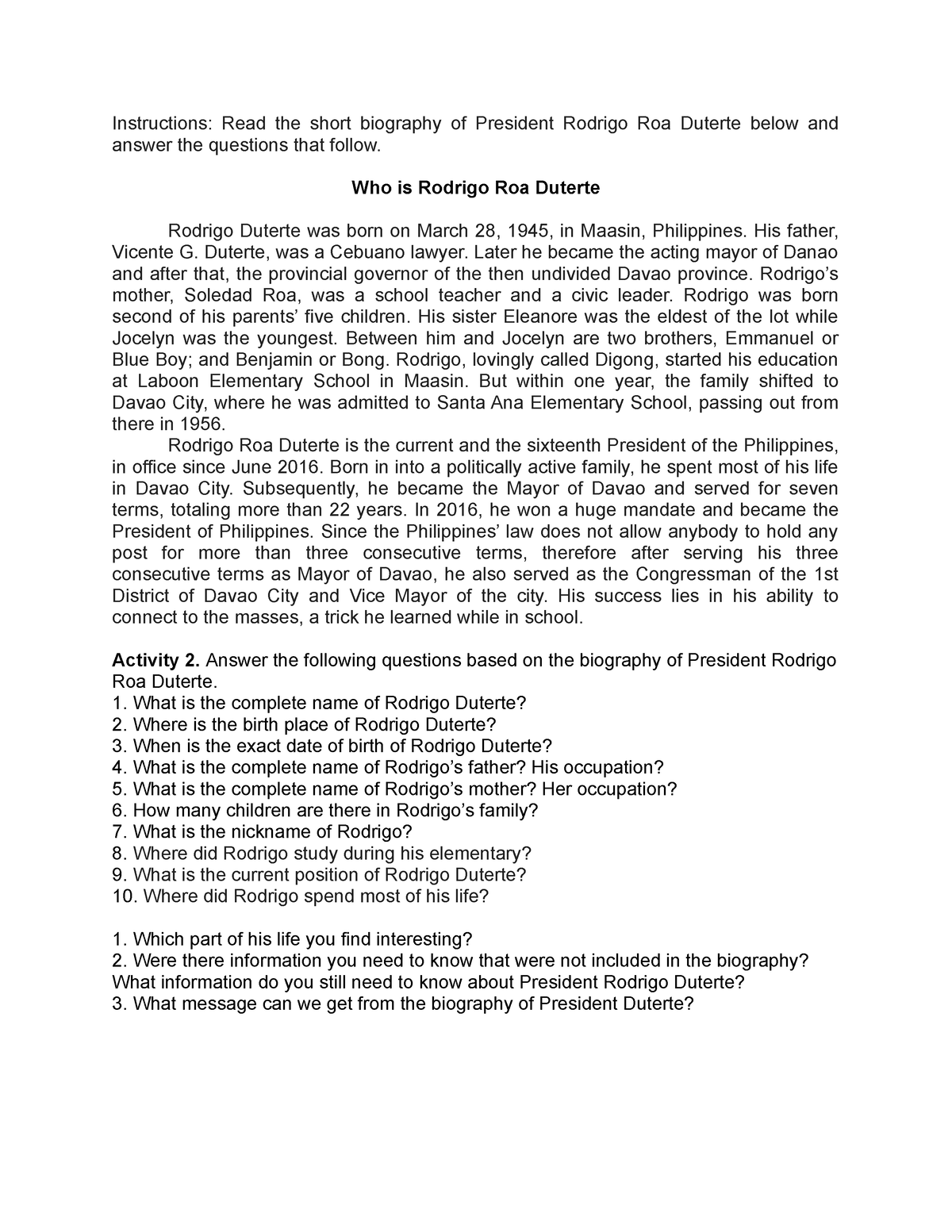 Close Reading Activity Instructions Read The Short Biography Of President Rodrigo Roa Duterte 4040