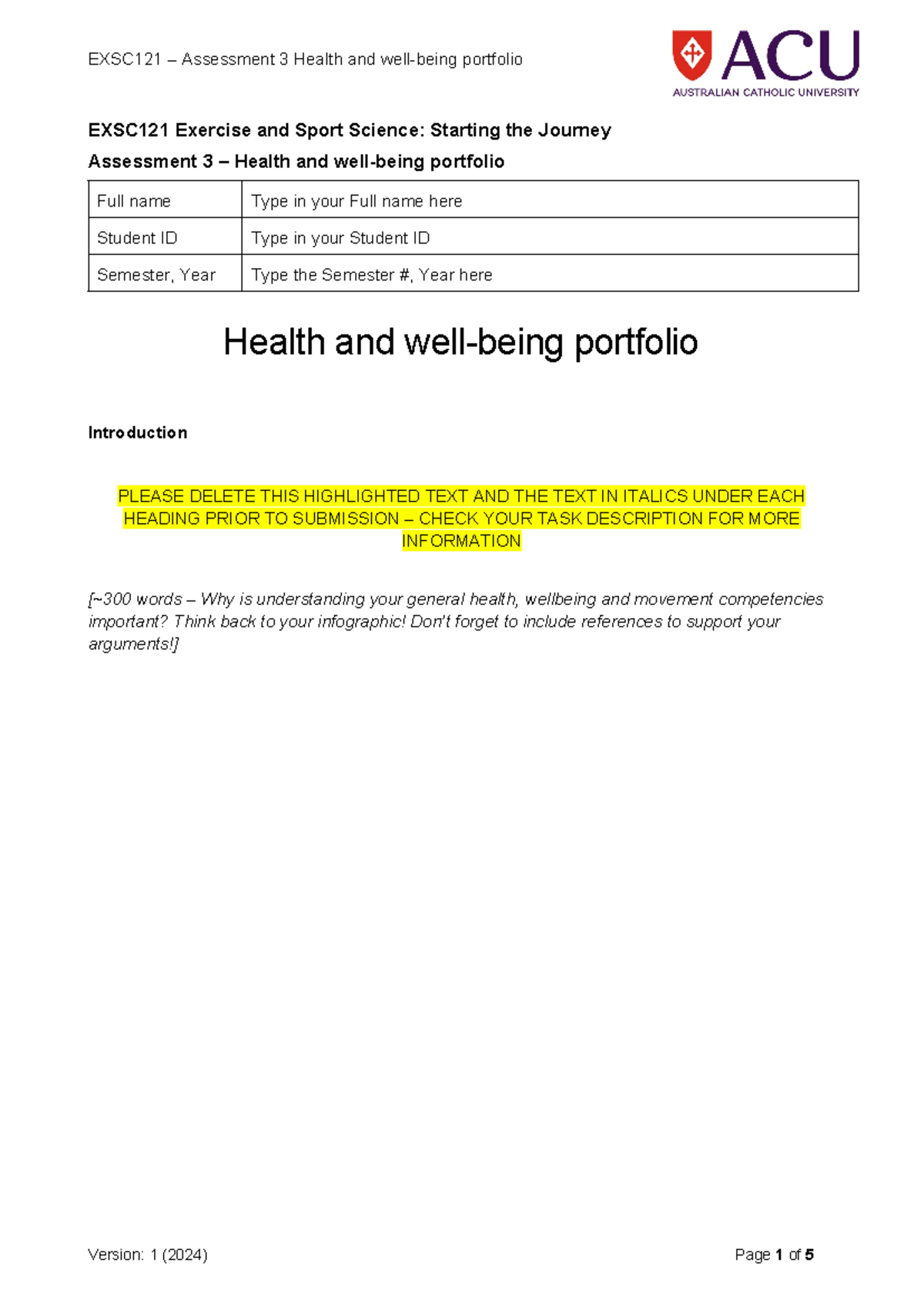 EXSC121 Sem1 Assessment 3 Health and wellbeing portfolio template Final ...